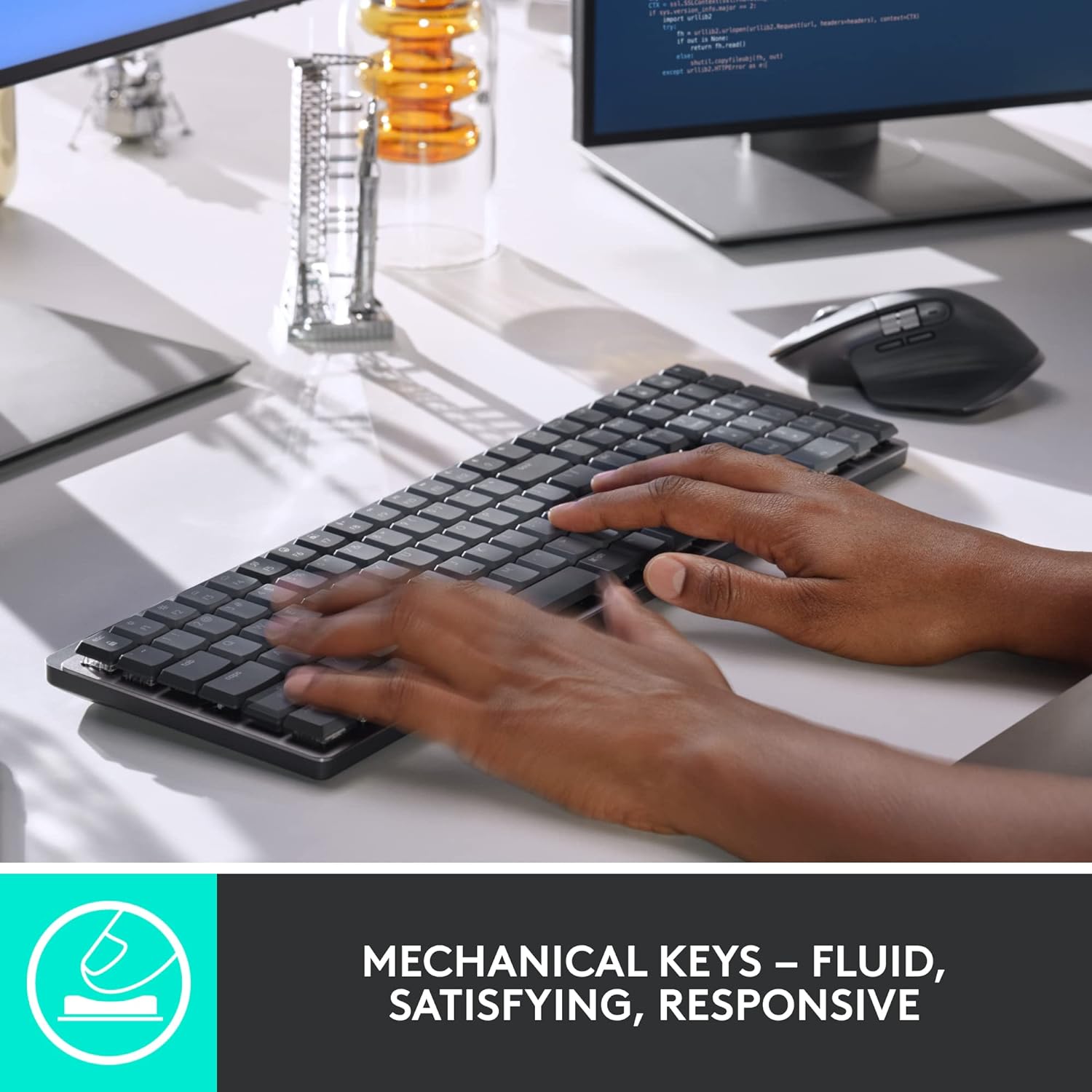 Logitech MX Mechanical Wireless Illuminated Performance Keyboard, Clicky Switches, Backlit Keys, Bluetooth, USB-C, macOS, Windows, Linux, iOS, Android, Metal