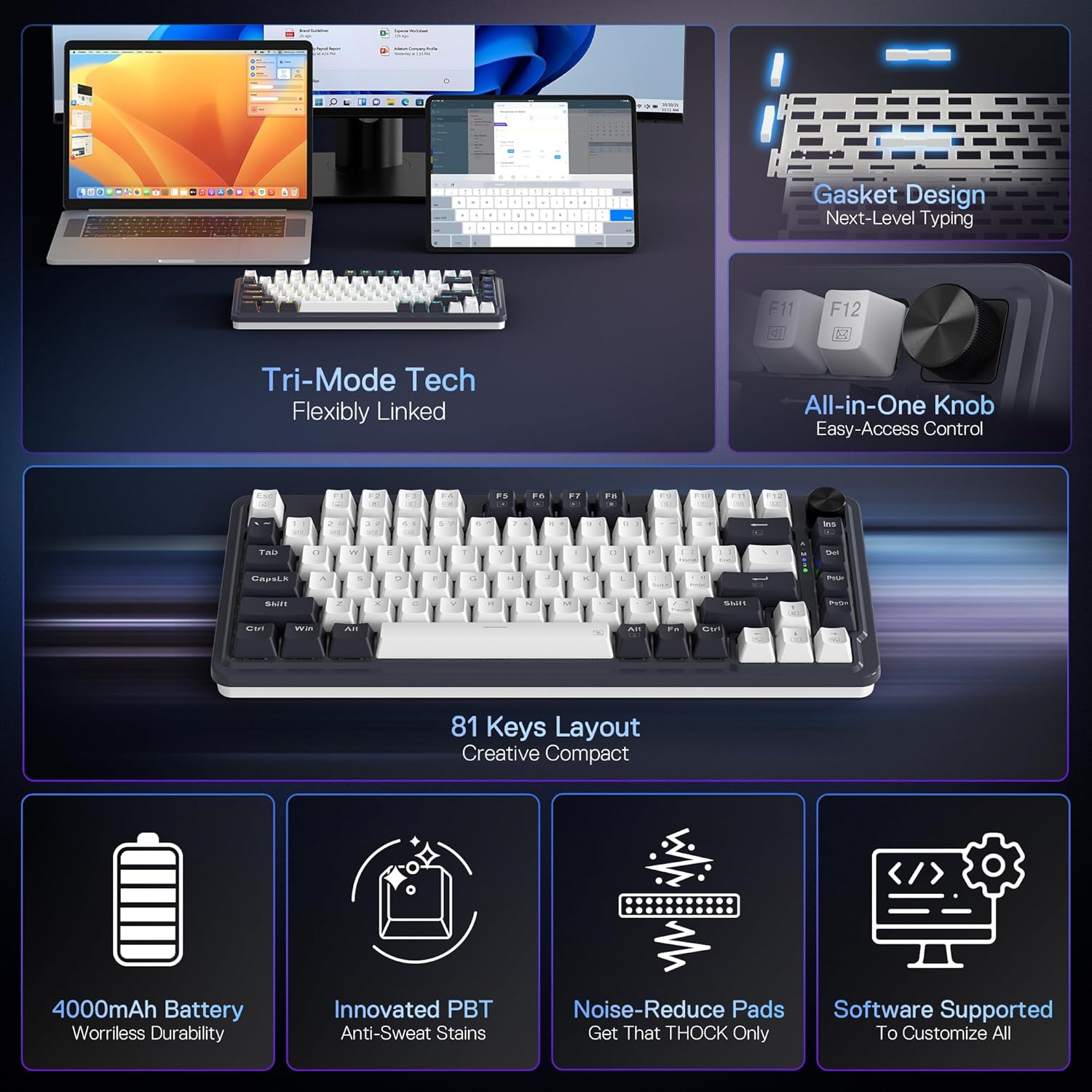 Redragon K673 PRO 75% Wireless Gasket RGB Gaming Keyboard, 3-Modes 81 Keys Compact Mechanical Keyboard Hot-Swap Socket, Dedicated Knob Control and 5-Layer Noise Dampening, Linear Red Switch
