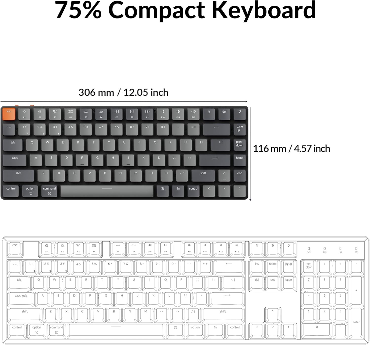 Keychron K3 Version 2, 84 Keys Ultra-Slim Wireless Bluetooth/USB Wired Mechanical Keyboard with White LED Backlit, Low-Profile Keychron Mechanical Brown Switch Compatible with Mac Windows