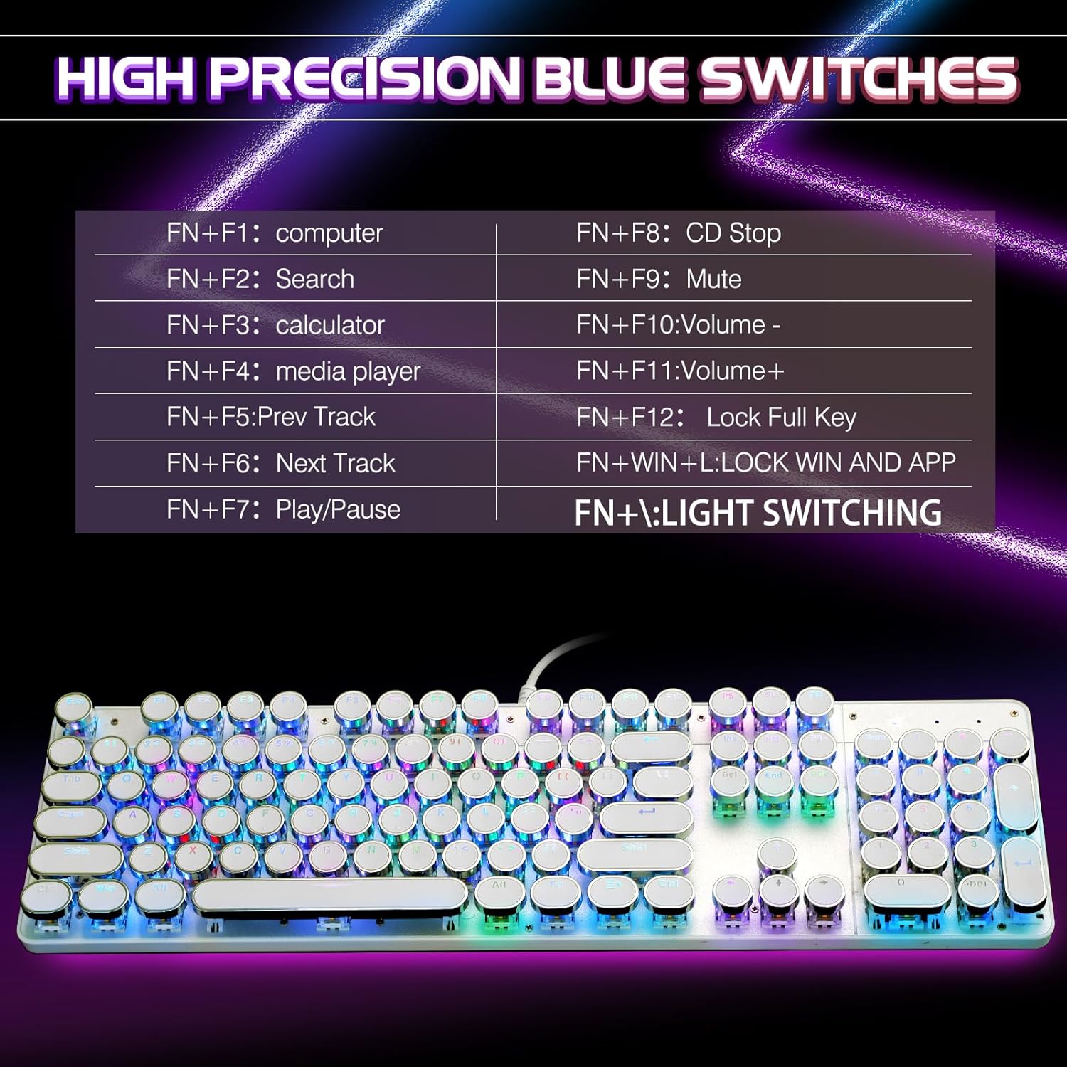 Typewriter Style Mechanical Gaming Keyboard RGB Backlit Wired with Blue Switch Retro Round Keycap 104 Keys Keyboard (R-White)