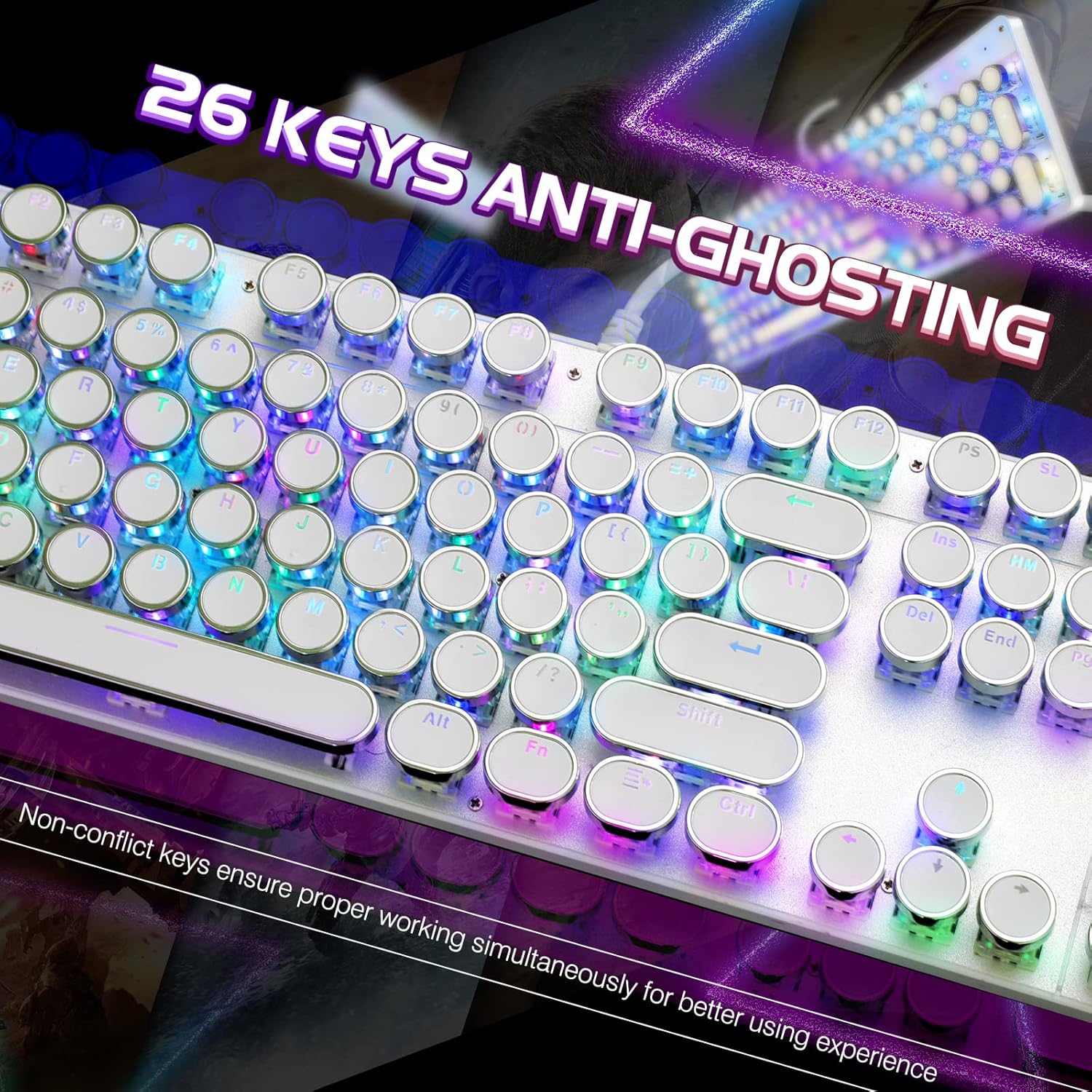 Typewriter Style Mechanical Gaming Keyboard RGB Backlit Wired with Blue Switch Retro Round Keycap 104 Keys Keyboard (R-White)