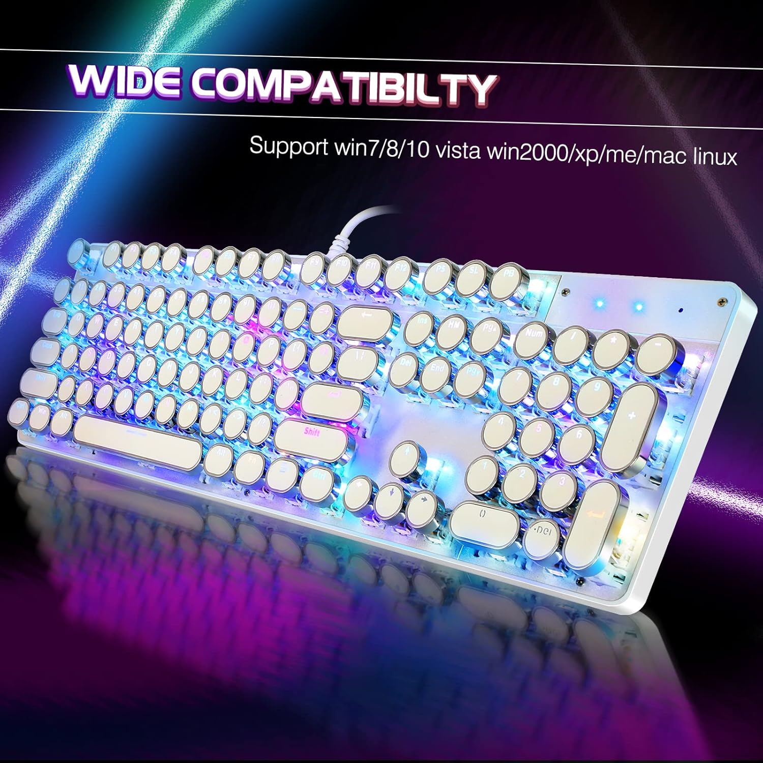 Typewriter Style Mechanical Gaming Keyboard RGB Backlit Wired with Blue Switch Retro Round Keycap 104 Keys Keyboard (R-White)
