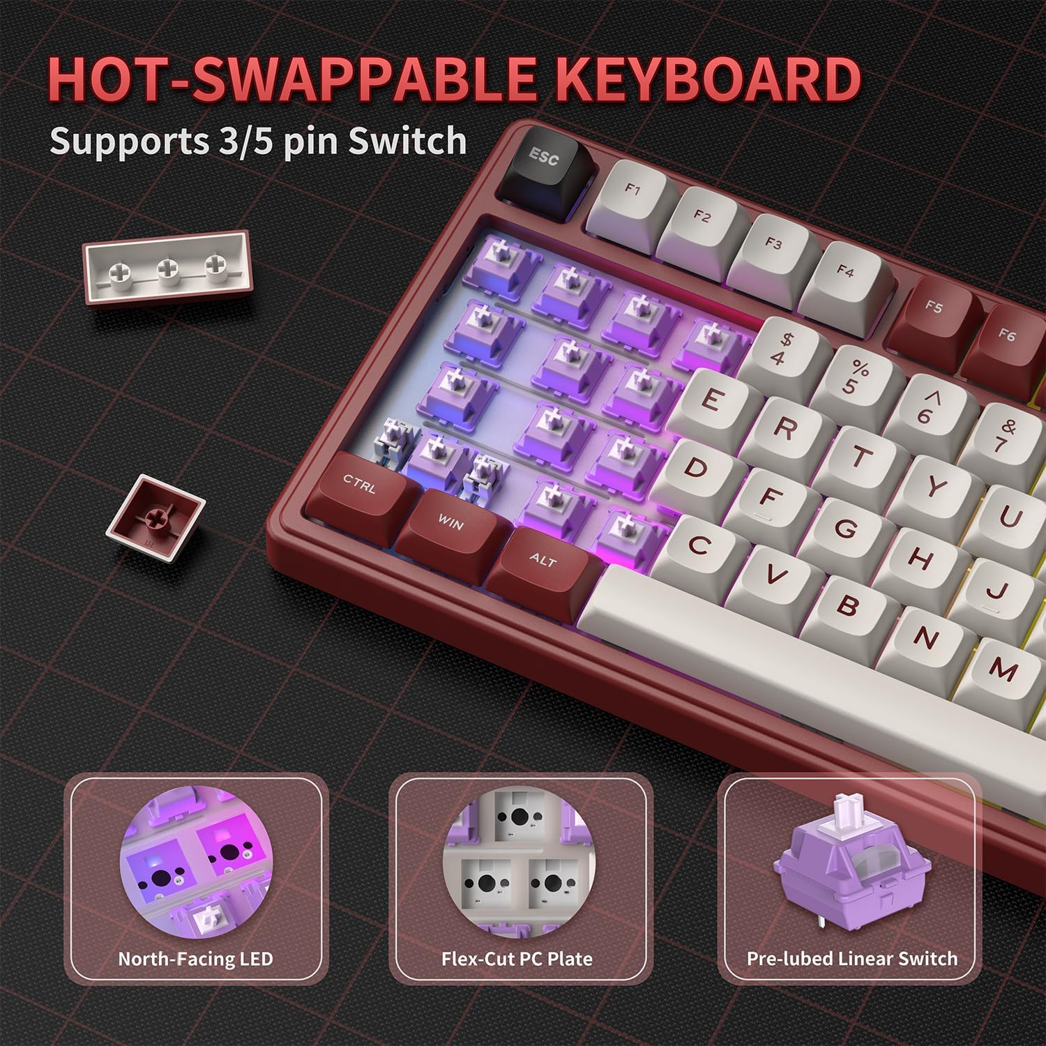 RK ROYAL KLUDGE R75 Mechanical Keyboard Wired with Volume Knob, 75% Keyboard Gasket Mounted, RGB Backlit, Creamy Keyboard with MDA Profile, PBT Keycaps, Hot Swappable Pre-lubed Linear Switch