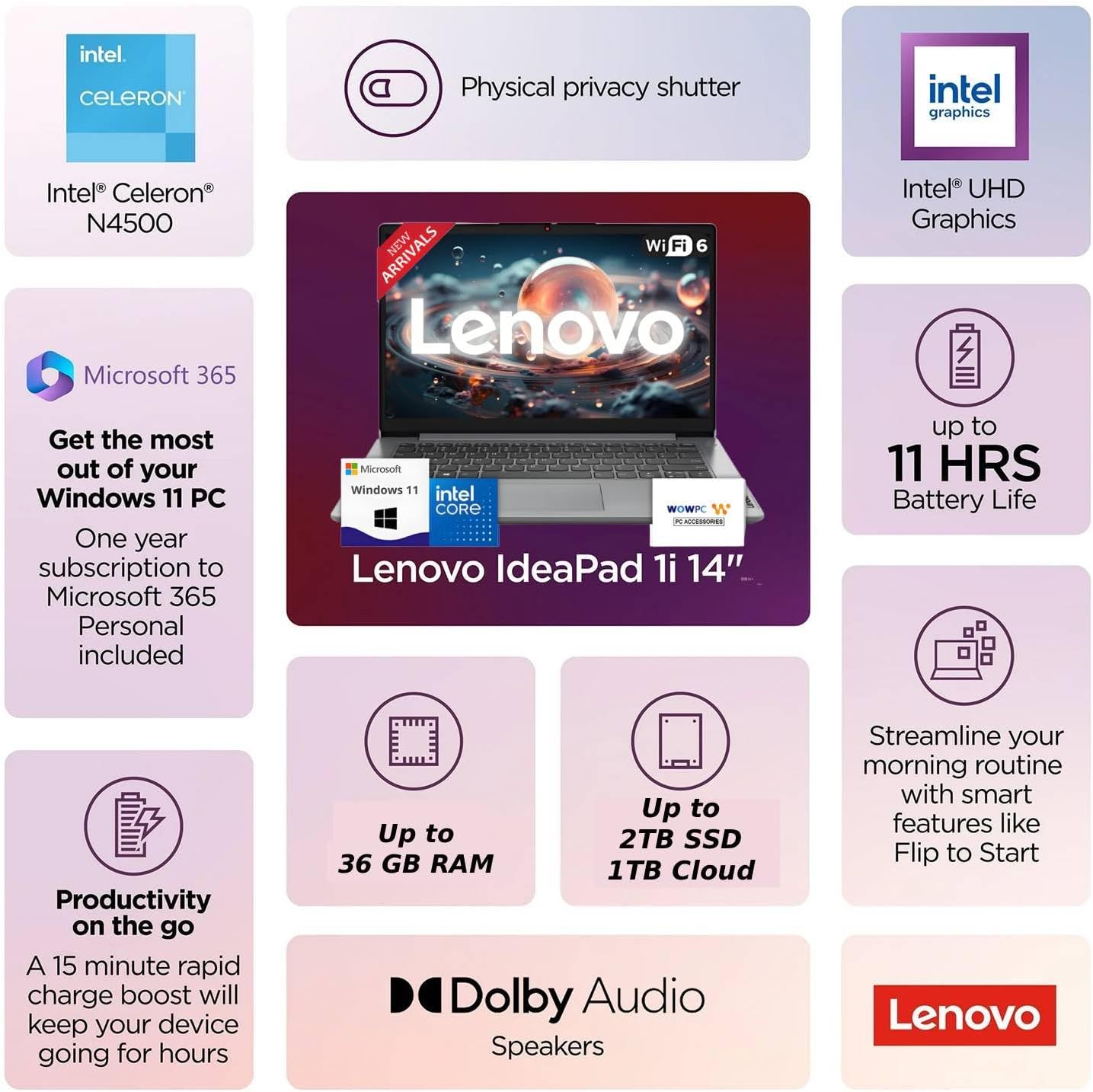 Lenovo IdeaPad Business Laptop with Microsoft 365 • 11 Hour Battery • Intel High Performance CPU • 8GB RAM • 128GB Internal SSD | with Additional 1TB One Drive Storage • SD-Card Reader • Windows 11