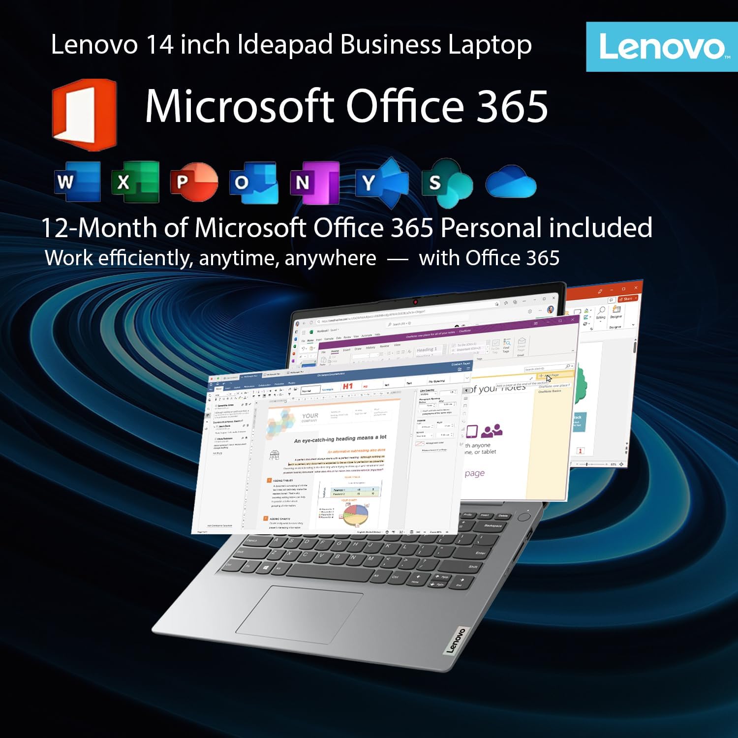 Lenovo IdeaPad Business Laptop with Microsoft 365 • 11 Hour Battery • Intel High Performance CPU • 8GB RAM • 128GB Internal SSD | with Additional 1TB One Drive Storage • SD-Card Reader • Windows 11