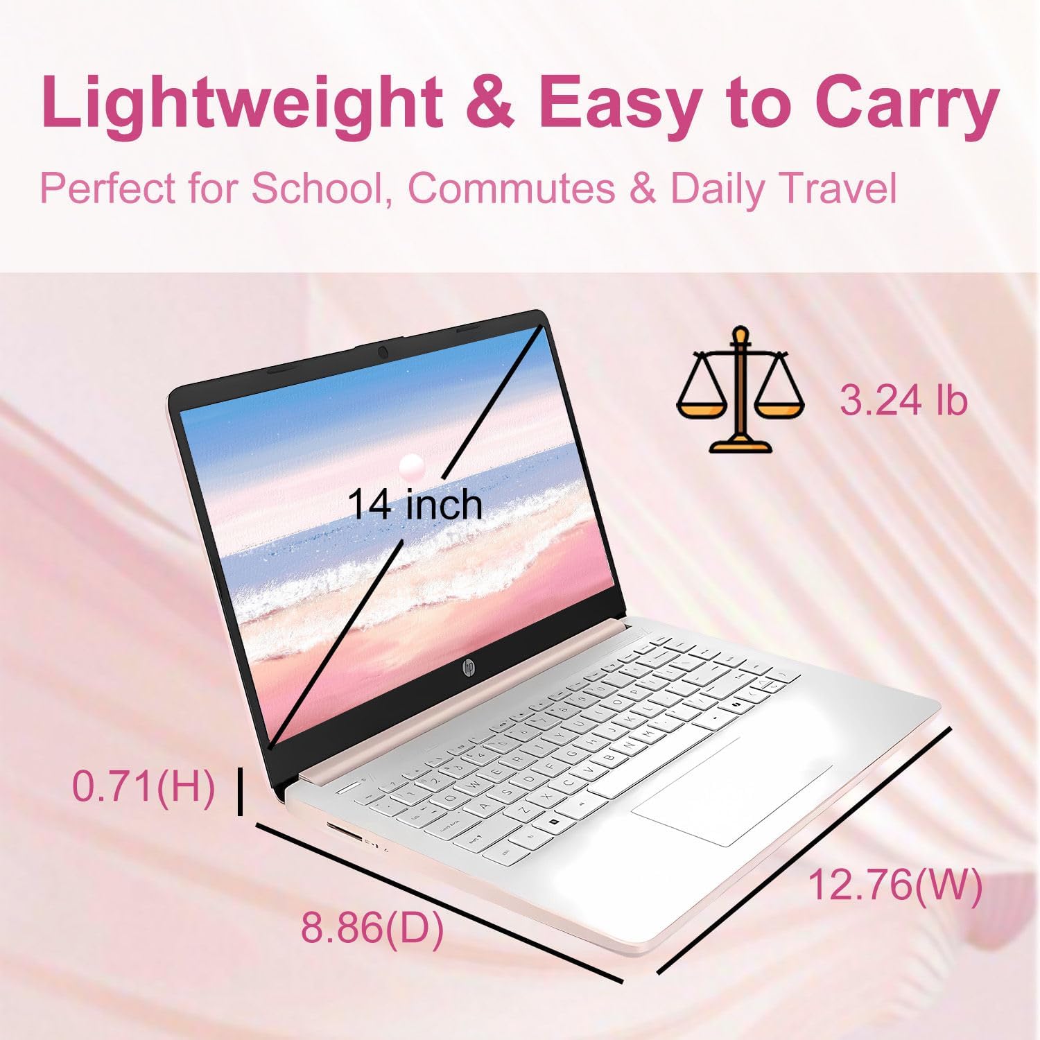 HP 14″Rose Gold Lightweight Laptop, with Office 365 & Copilot AI, Intel Processor, 4GB RAM Memory, 64GB SSD + 1TB Cloud Storage