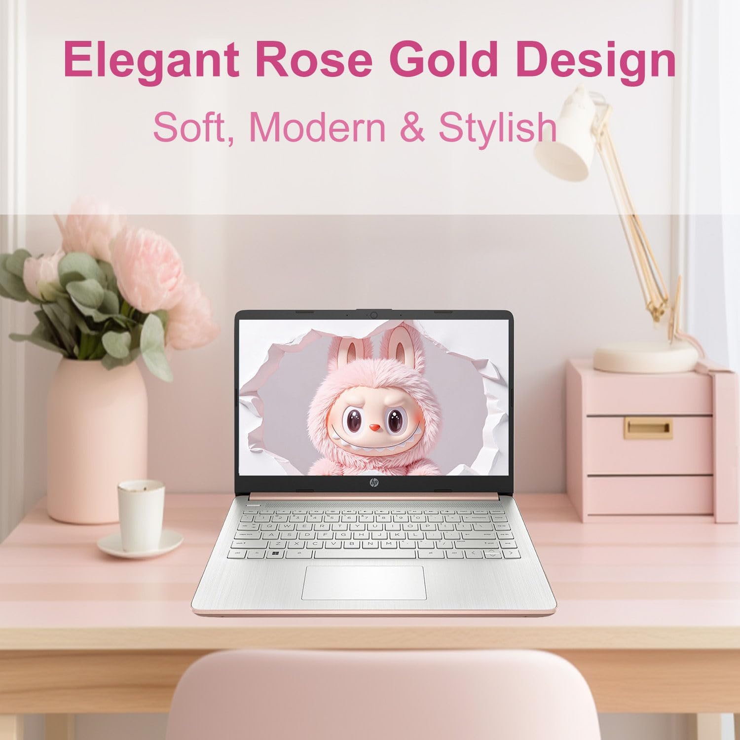 HP 14″Rose Gold Lightweight Laptop, with Office 365 & Copilot AI, Intel Processor, 4GB RAM Memory, 64GB SSD + 1TB Cloud Storage
