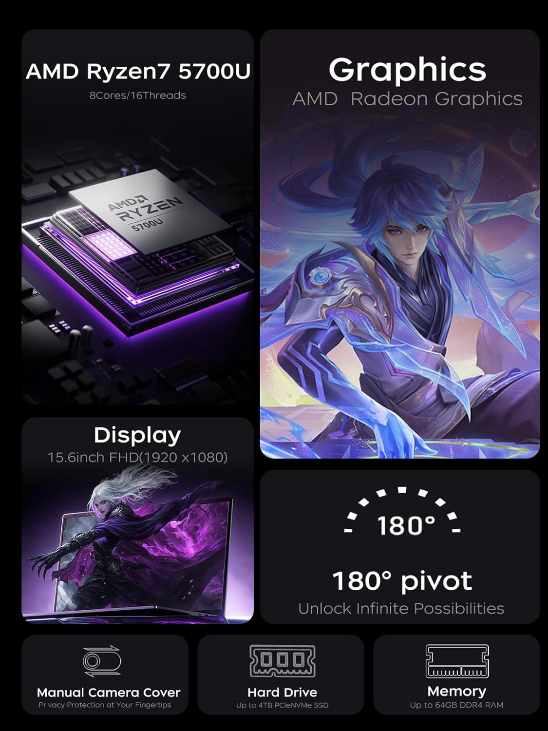 New Gaming Laptop, 2026 Laptop with AMD Ryzen 7 5700U (8C/16T, Up to 4.3GHz), 16GB DDR4 512GB NVMe SSD Laptop Computer, Up to 64GB, 15.6-inch FHD Display, WiFi 6