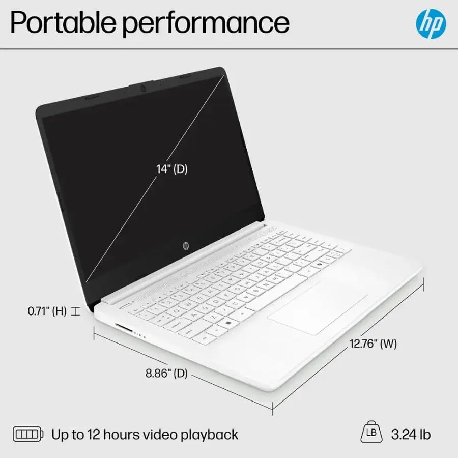 HP 14" Business Laptop with Microsoft Office 365 with Copliot AI & 1TB OneDrive, 32GB RAM 64GB SSD, Dual-Cores Intel Processor, Windows 11, PLUSERA Earphones, Snowflake White