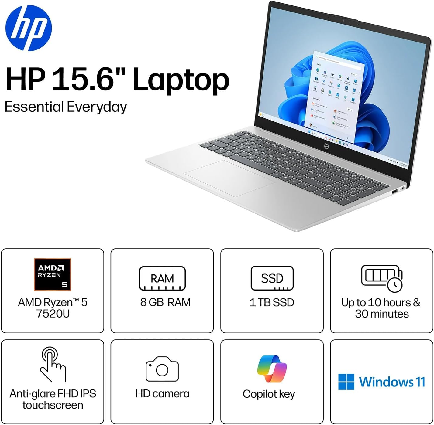 HP 15.6" Touchscreen Business & Home Laptop, AMD Ryzen 5 7520U, 8GB RAM, 128GB SSD, Webcam, HDMI, Lifetime Office 365 for the Web, Win11 Home, Silver, Bundle with PCO Notebook Fold Radiator, Cooler