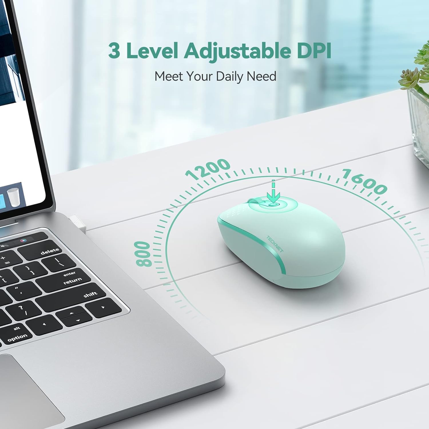 TECKNET Wireless Mouse for Laptop, 2.4G Quiet Computer Mouse with USB Receiver, 4 Buttons Portable Cordless Mice for Chromebook, Laptop, PC, Mac, 800/1200/1600 DPI - Mint Green