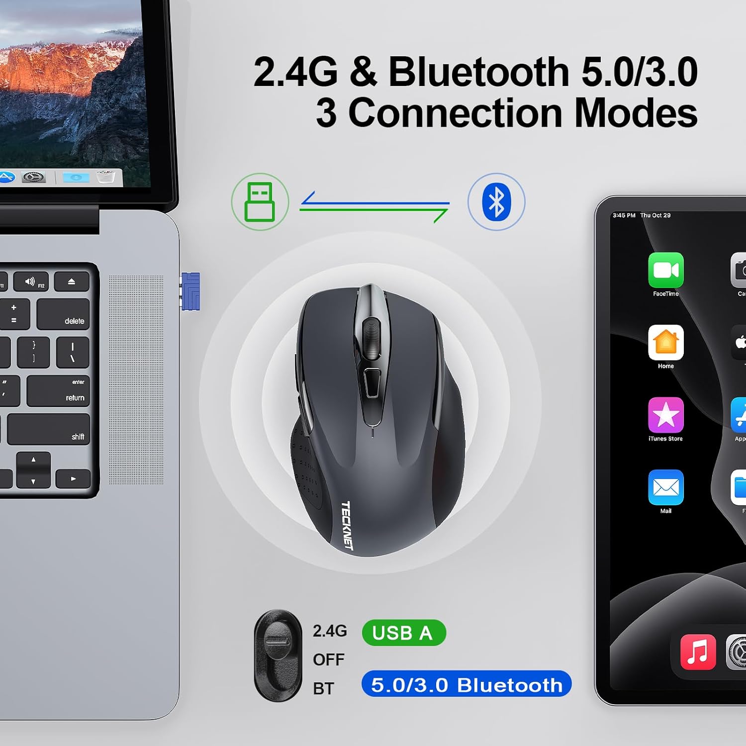 TECKNET Wireless Mouse (2.4G & BT5.0/3.0) Silent 4800 DPI Computer USB A & Bluetooth Mouse 6 Buttons, Wide Compatibility - Grey