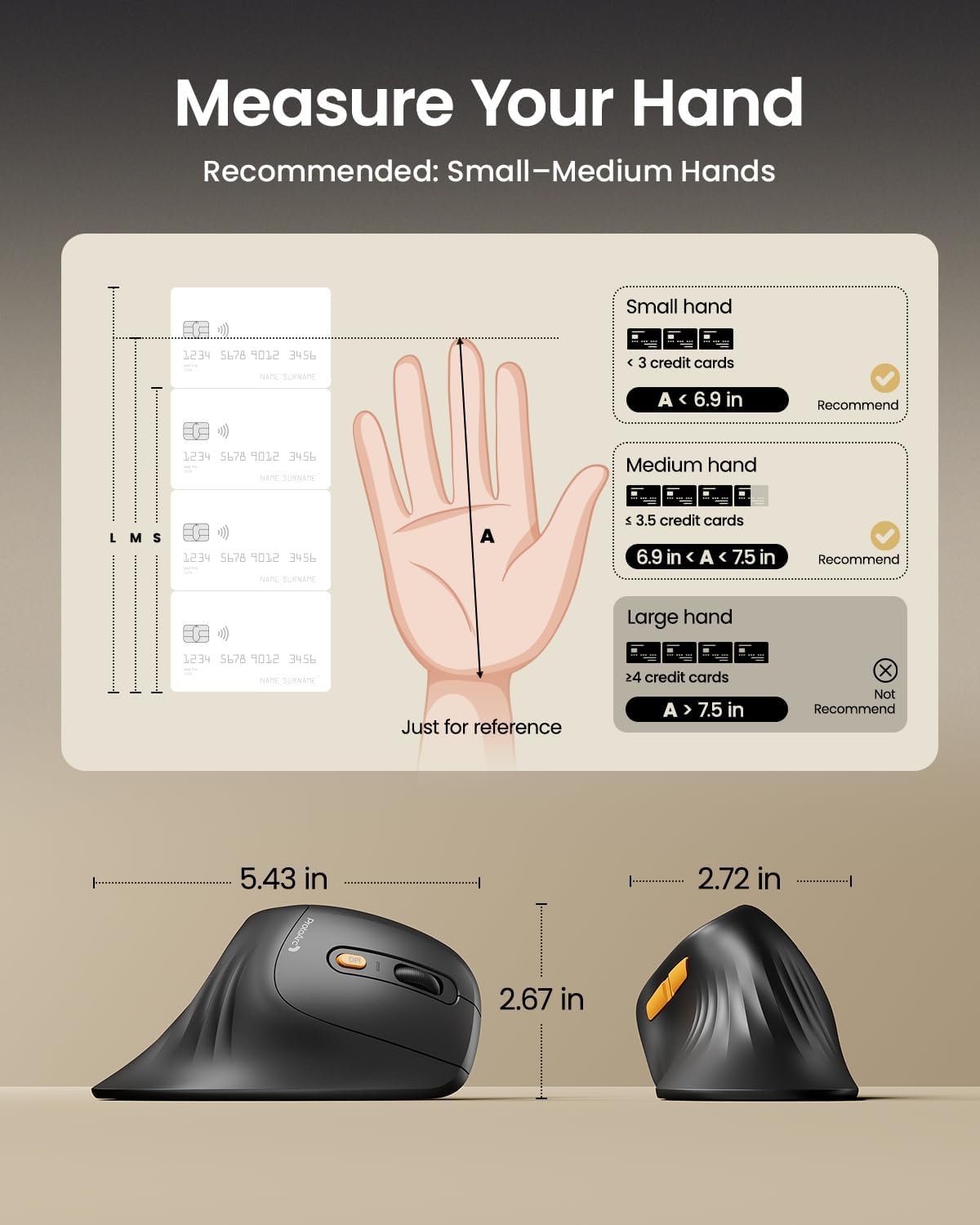 ProtoArc Ergonomic Mouse, EM11 NL Bluetooth Rechargeable Wireless Vertical Mouse, 3 Multi-Device Connectivity for Computer/PC/Laptop, 2.4GHz USB-A Optical Mice for Windows, Mac OS, Black
