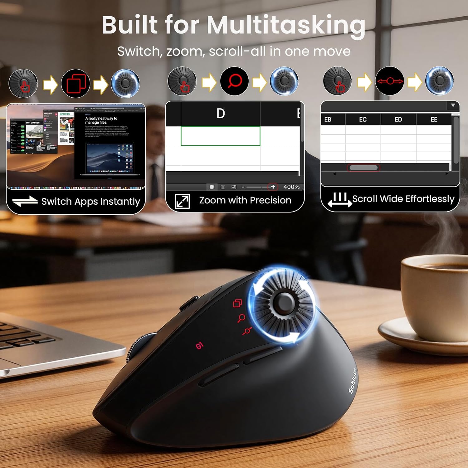 SABLUTE MAM51 Ergonomic Mouse Wireless with Side Scroll Wheel, Bluetooth Mouse with 4000 DPI, 8 Buttons Office Wireless Computer Mouse, Small to Medium Sized Hands Vertical Mice for PC and Desktop