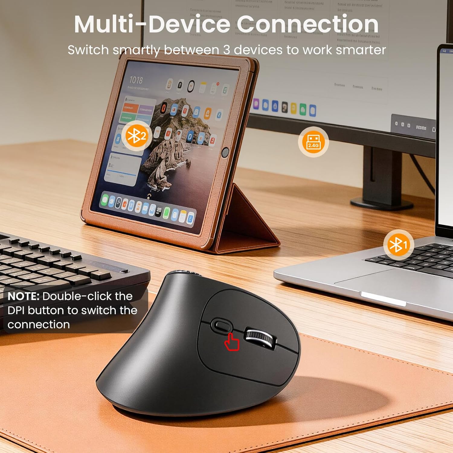 SABLUTE MAM51 Ergonomic Mouse Wireless with Side Scroll Wheel, Bluetooth Mouse with 4000 DPI, 8 Buttons Office Wireless Computer Mouse, Small to Medium Sized Hands Vertical Mice for PC and Desktop