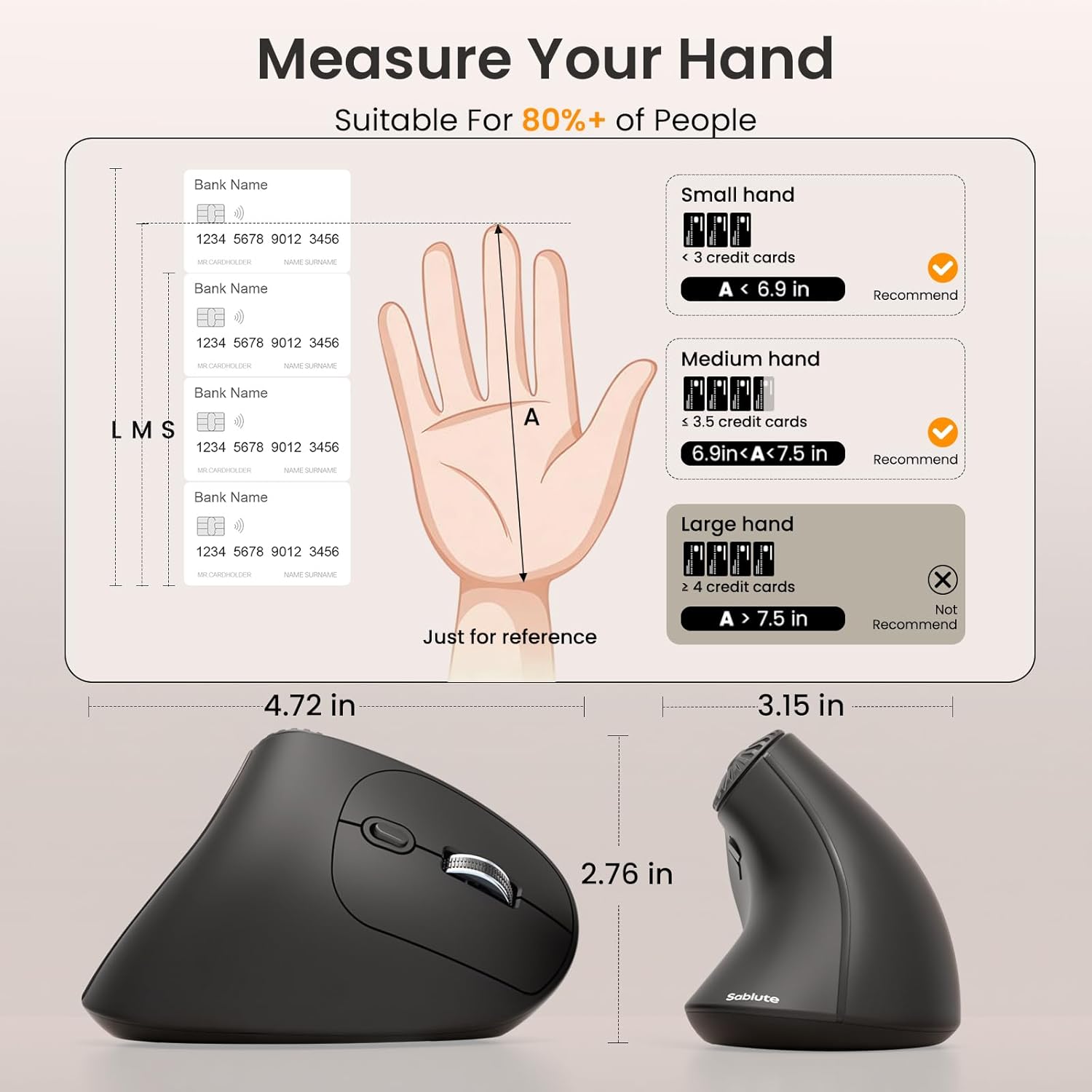SABLUTE MAM51 Ergonomic Mouse Wireless with Side Scroll Wheel, Bluetooth Mouse with 4000 DPI, 8 Buttons Office Wireless Computer Mouse, Small to Medium Sized Hands Vertical Mice for PC and Desktop