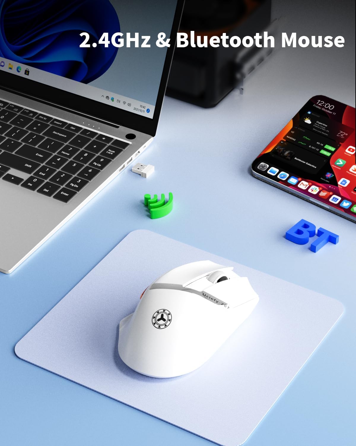 Uciefy Z07 Bluetooth Wireless Mouse, Dual Mode (2.4G+BT5.1) Bluetooth Mouse, USB C Rechargeable Mouse with Charging Indicator, Ergonomic Computer Mice for Laptop/PC/Mac/iPad-White