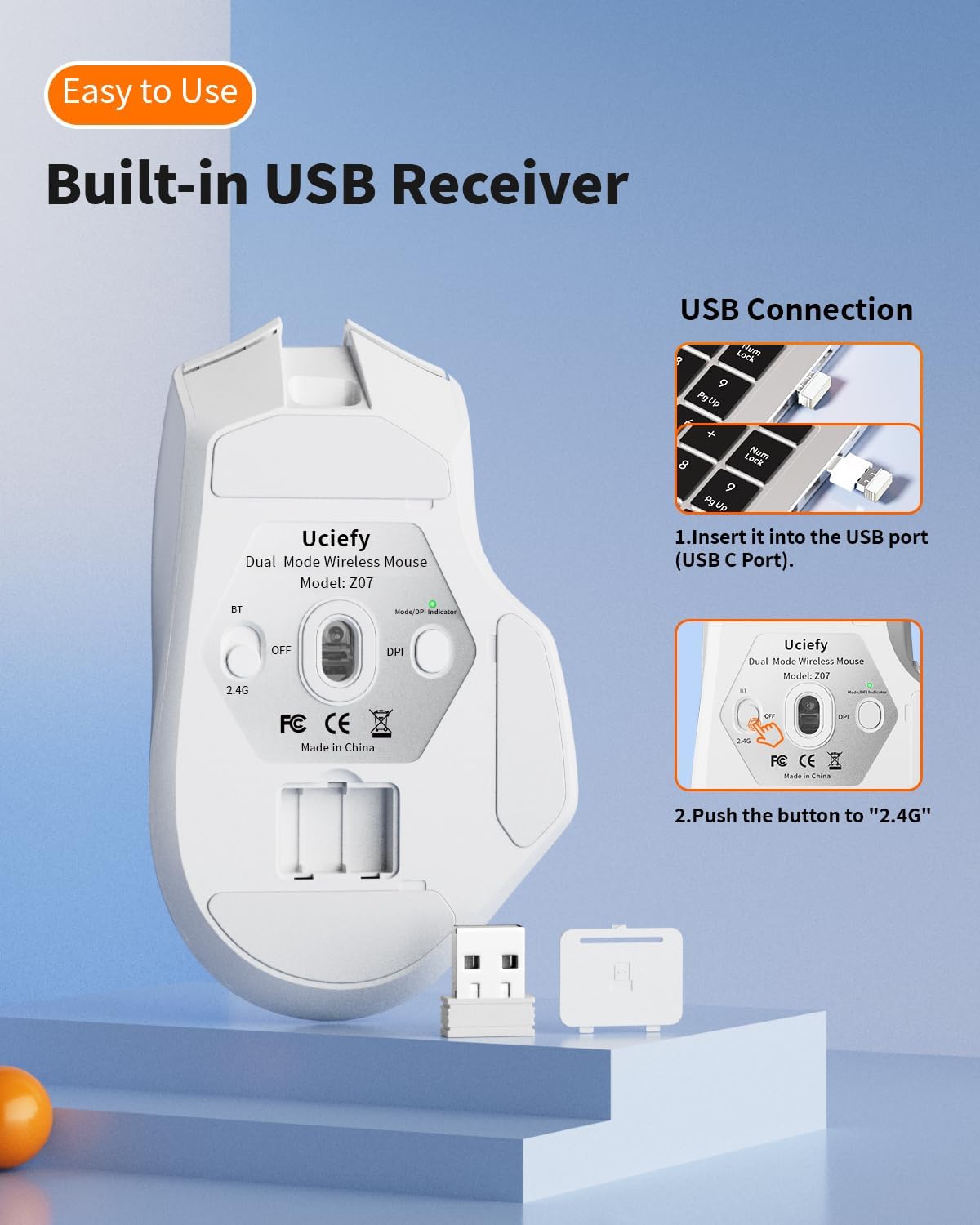 Uciefy Z07 Bluetooth Wireless Mouse, Dual Mode (2.4G+BT5.1) Bluetooth Mouse, USB C Rechargeable Mouse with Charging Indicator, Ergonomic Computer Mice for Laptop/PC/Mac/iPad-White
