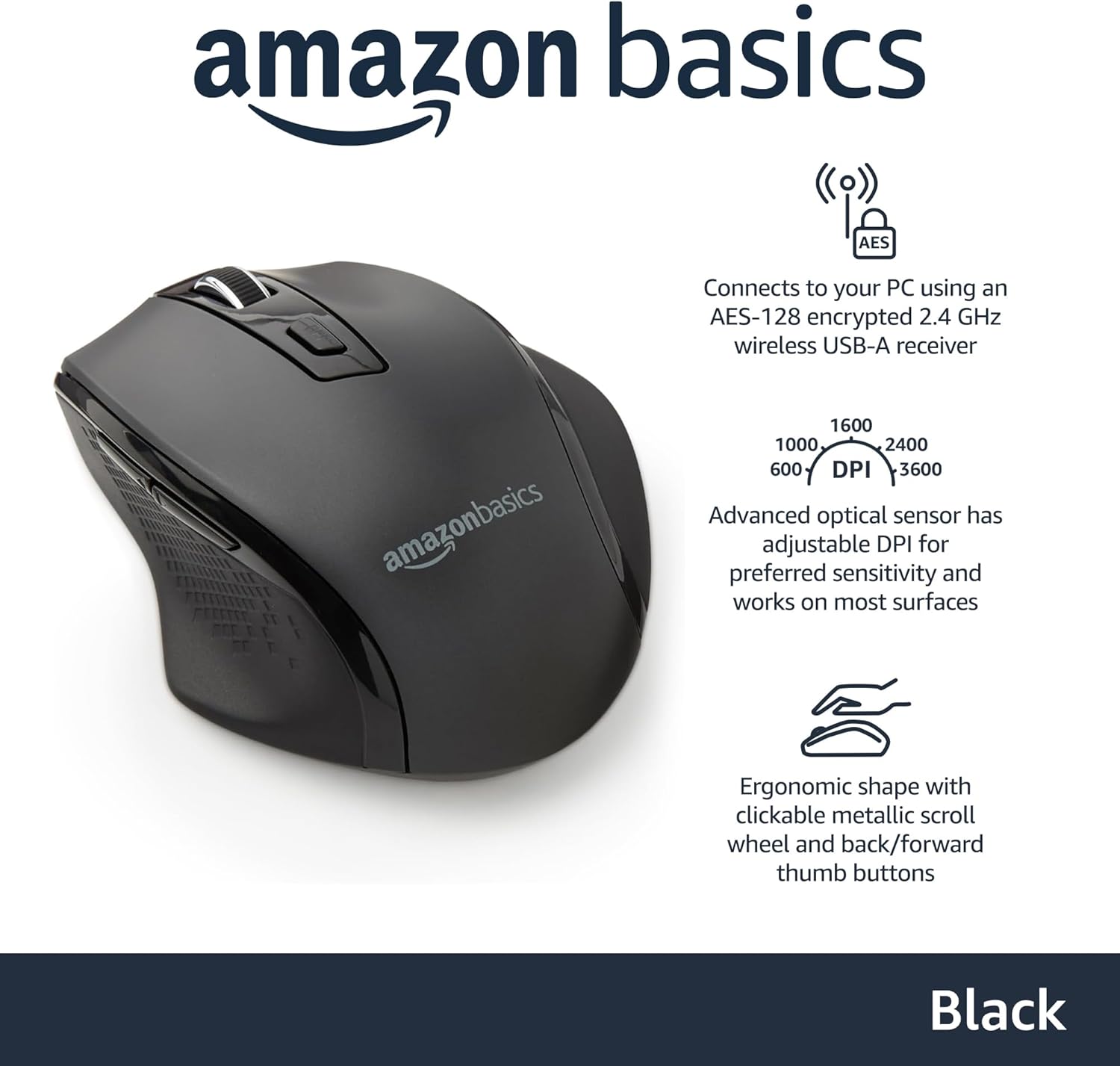 Amazon Basics Portable Wireless Computer Mouse, Ergonomic, 2.4 GHz Optical, DPI Adjustable, Easy to Use, Compatible With PC, Mac, Laptop, Black