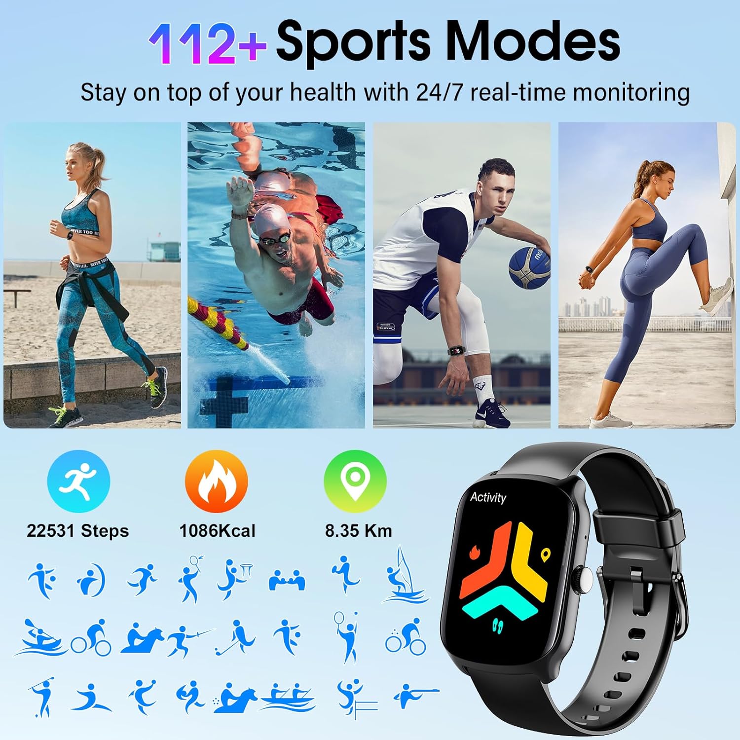 Smart Watch for Men Women, 1.95"HD Smartwatch (Dial/Answer Calls), Heart Rate/Sleep Monitor Fitness Smartwatch, Curved Screen Watches, 112+ Sports Modes Activity Trackers,IP68 Waterproof, Black