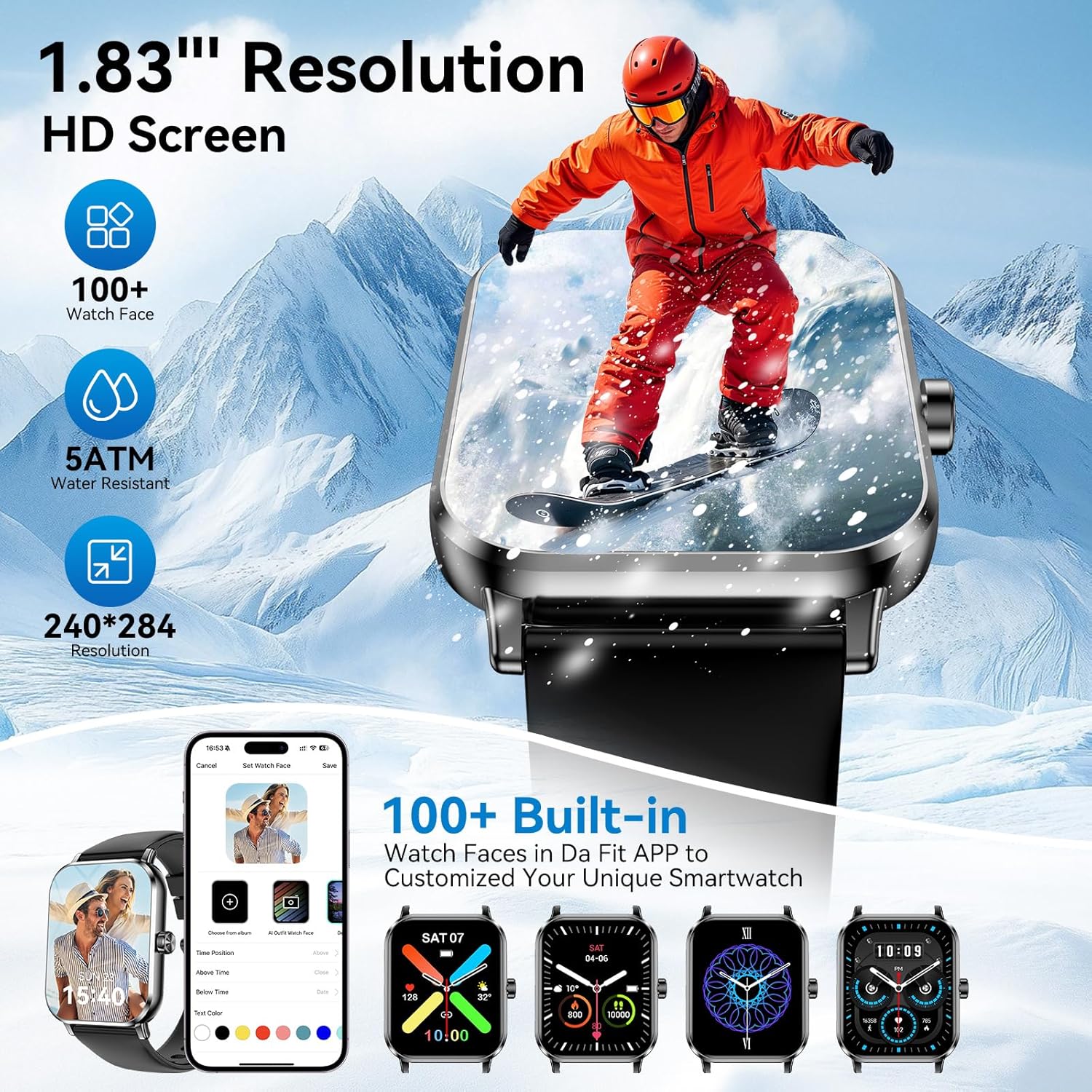 Smart Watches for Men Women, 1.83" HD Touchsreen, Bluetooth Calling, 5 ATM Water-Resistance, 130+ Sports Modes, Health, Fitness & Sleep Tracker, Timer, Pedometer, Fitness Watch for Android/iOS, Black