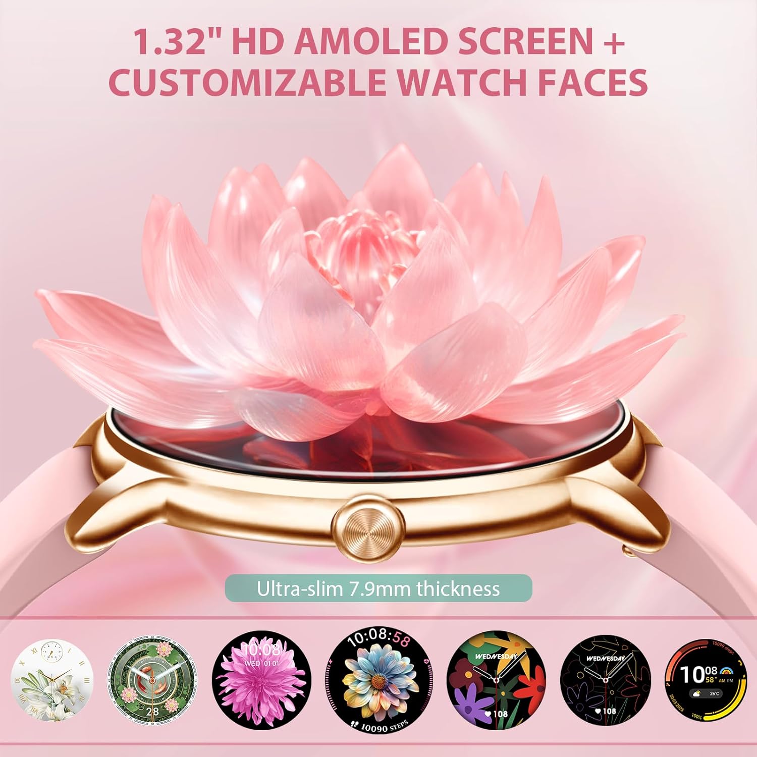 Smart Watch for Women, Ultra-Slim 1.32" AMOLED Answer/Make Call, 100+ Sport Modes, Female Health/HR/Sleep, 2 Straps, IP68 Waterproof, Fitness Tracker for iPhone Samsung Android