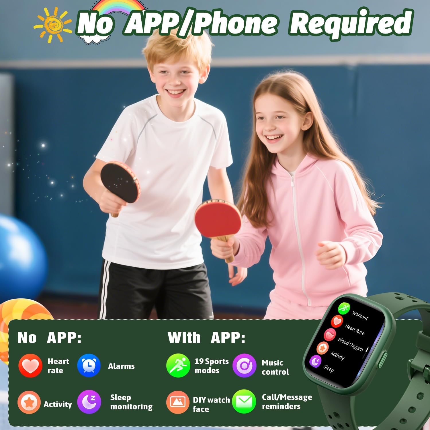Kids Smart Watch for Girls Boys,IP68 Waterproof Kids Fitness Tracker Watch with 1.83" Face,Heart Rate Sleep Monitor,19 Sport Modes,Puzzle Games with APP,Great Gifts for Teens 6+ (Green)