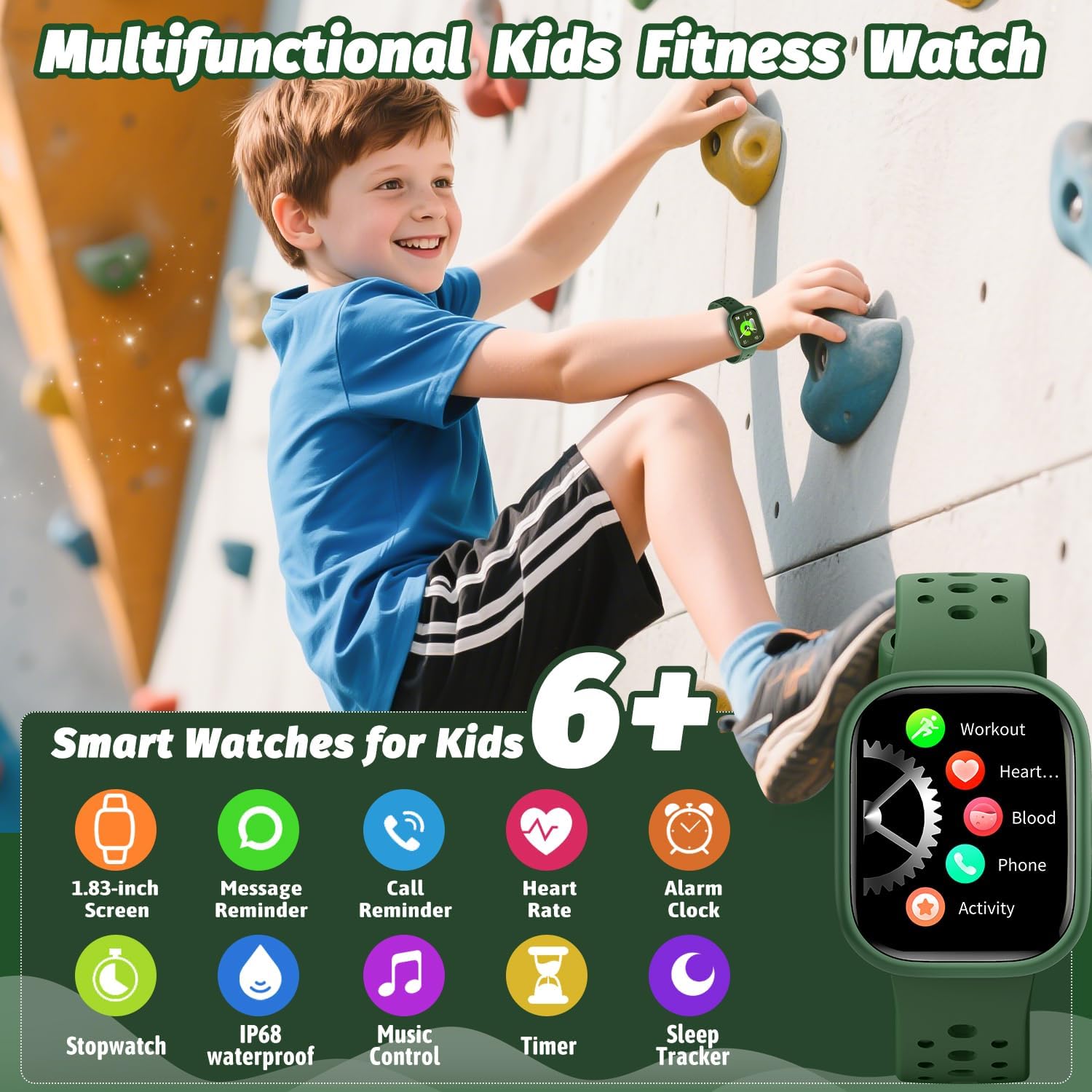 Kids Smart Watch for Girls Boys,IP68 Waterproof Kids Fitness Tracker Watch with 1.83" Face,Heart Rate Sleep Monitor,19 Sport Modes,Puzzle Games with APP,Great Gifts for Teens 6+ (Green)