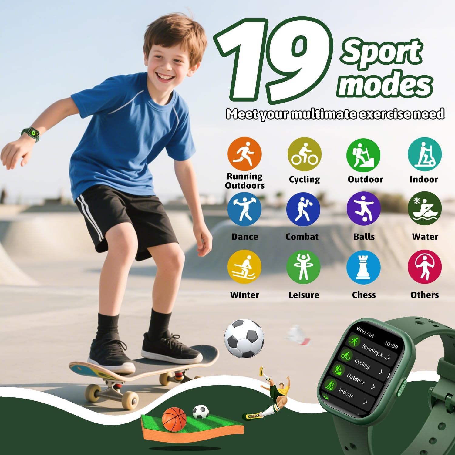 Kids Smart Watch for Girls Boys,IP68 Waterproof Kids Fitness Tracker Watch with 1.83" Face,Heart Rate Sleep Monitor,19 Sport Modes,Puzzle Games with APP,Great Gifts for Teens 6+ (Green)