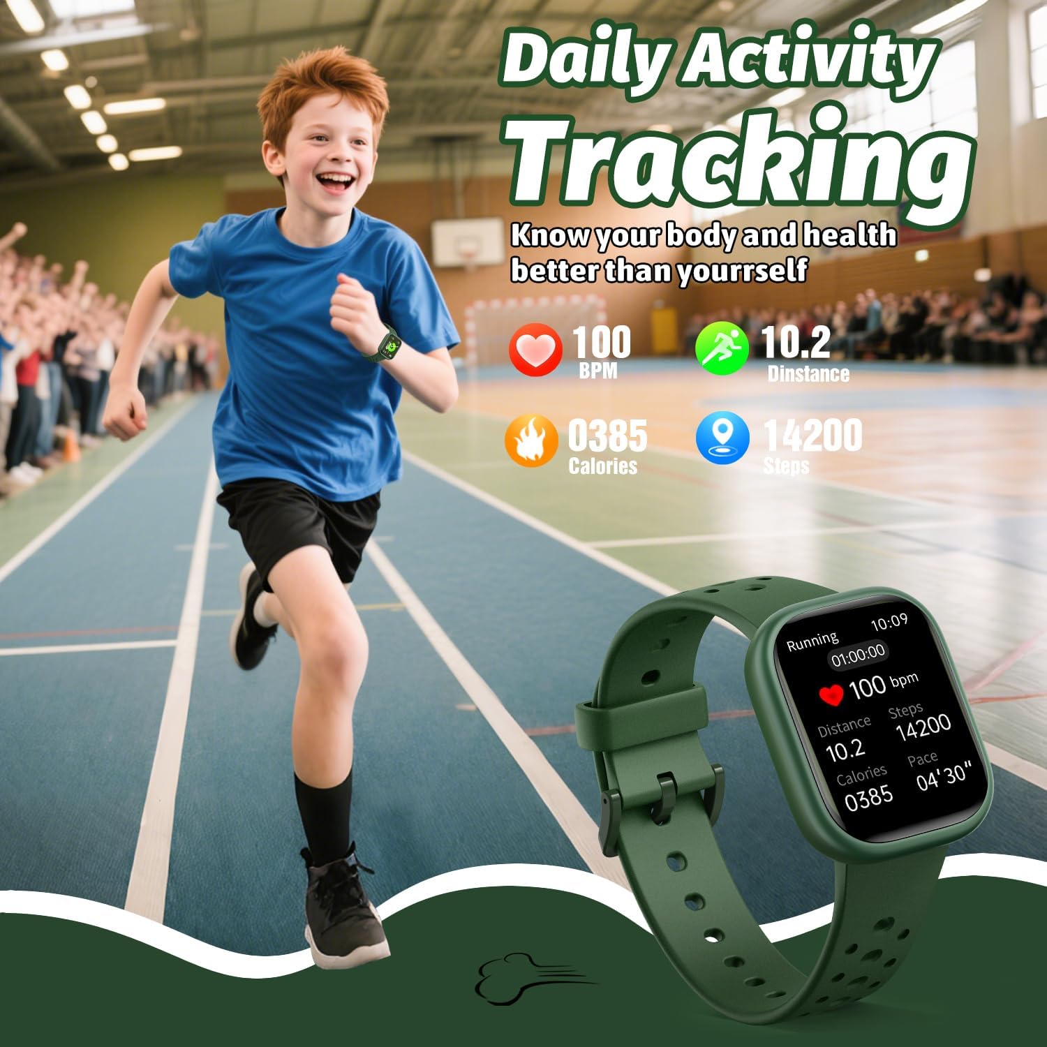 Kids Smart Watch for Girls Boys,IP68 Waterproof Kids Fitness Tracker Watch with 1.83" Face,Heart Rate Sleep Monitor,19 Sport Modes,Puzzle Games with APP,Great Gifts for Teens 6+ (Green)