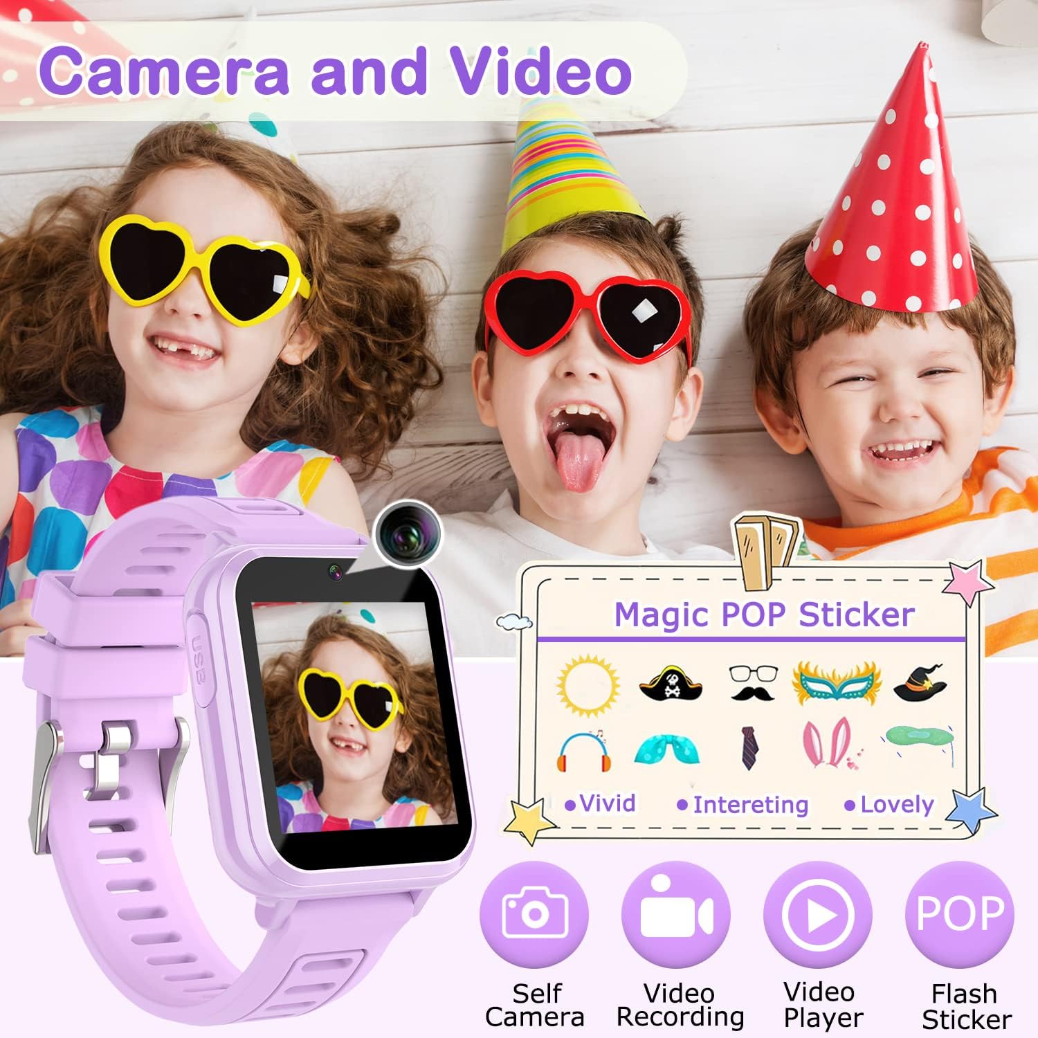 Cosjoype Kids Smart Watches Girls Gift Age 3-12, with 39 Puzzle Games HD Video Camera Music Player Learning Cards Storybook Pedometer Flashlight Touchscreen Kid Watch Brithday Gift for Girls