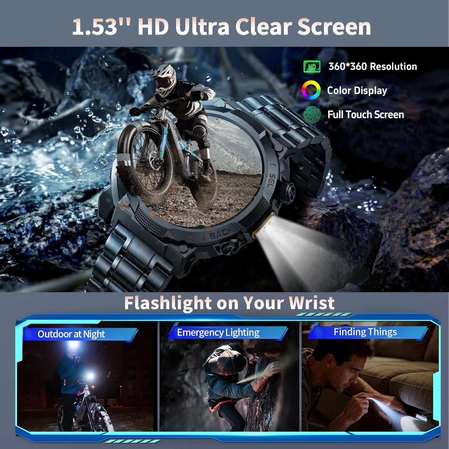 Smart Watches for Men (Answer/Make Call), 1.53" HD Military Smartwatch, 50+ Days Extra-Long Battery Life Fitness Tracker, Flashlight/110+Sports/Heart Rate/Sleep Monitor/IP68 Waterproof Android iOS