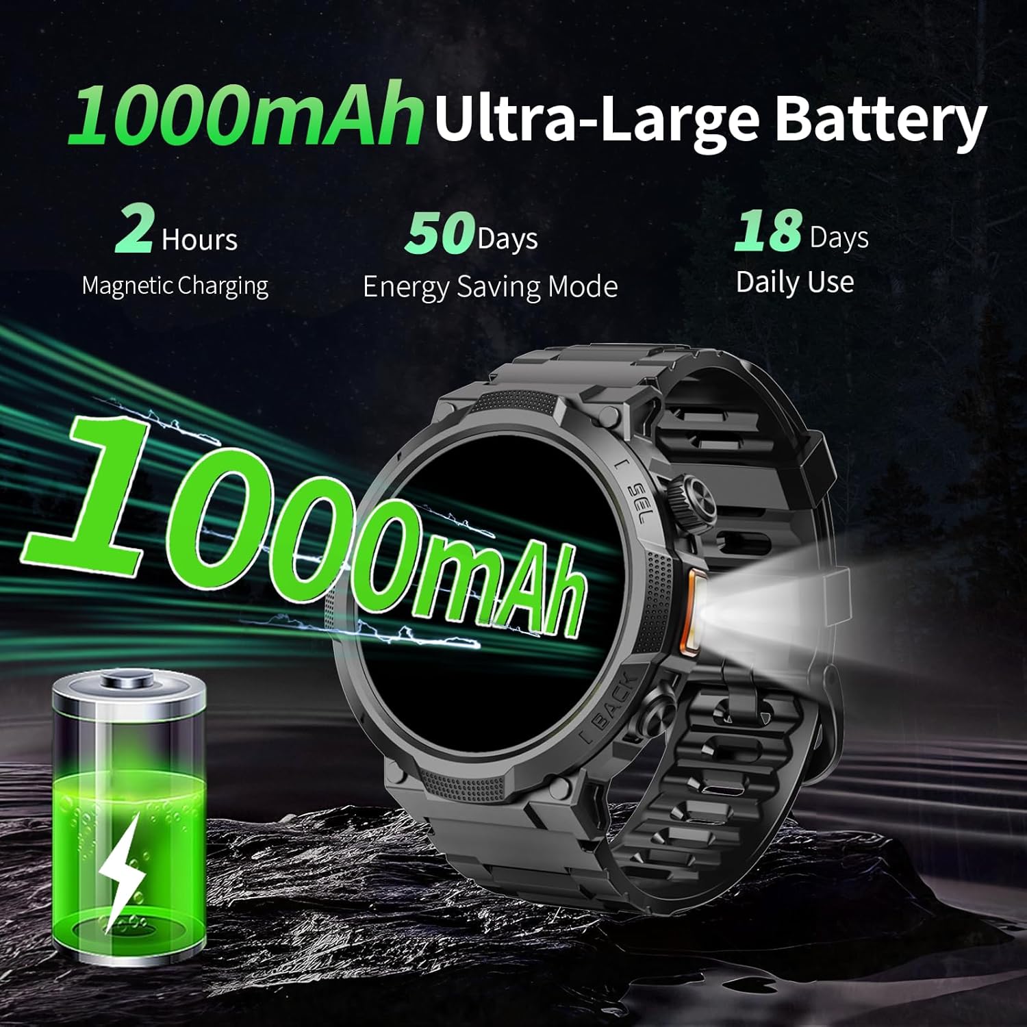 Smart Watches for Men (Answer/Make Call), 1.53" HD Military Smartwatch, 50+ Days Extra-Long Battery Life Fitness Tracker, Flashlight/110+Sports/Heart Rate/Sleep Monitor/IP68 Waterproof Android iOS