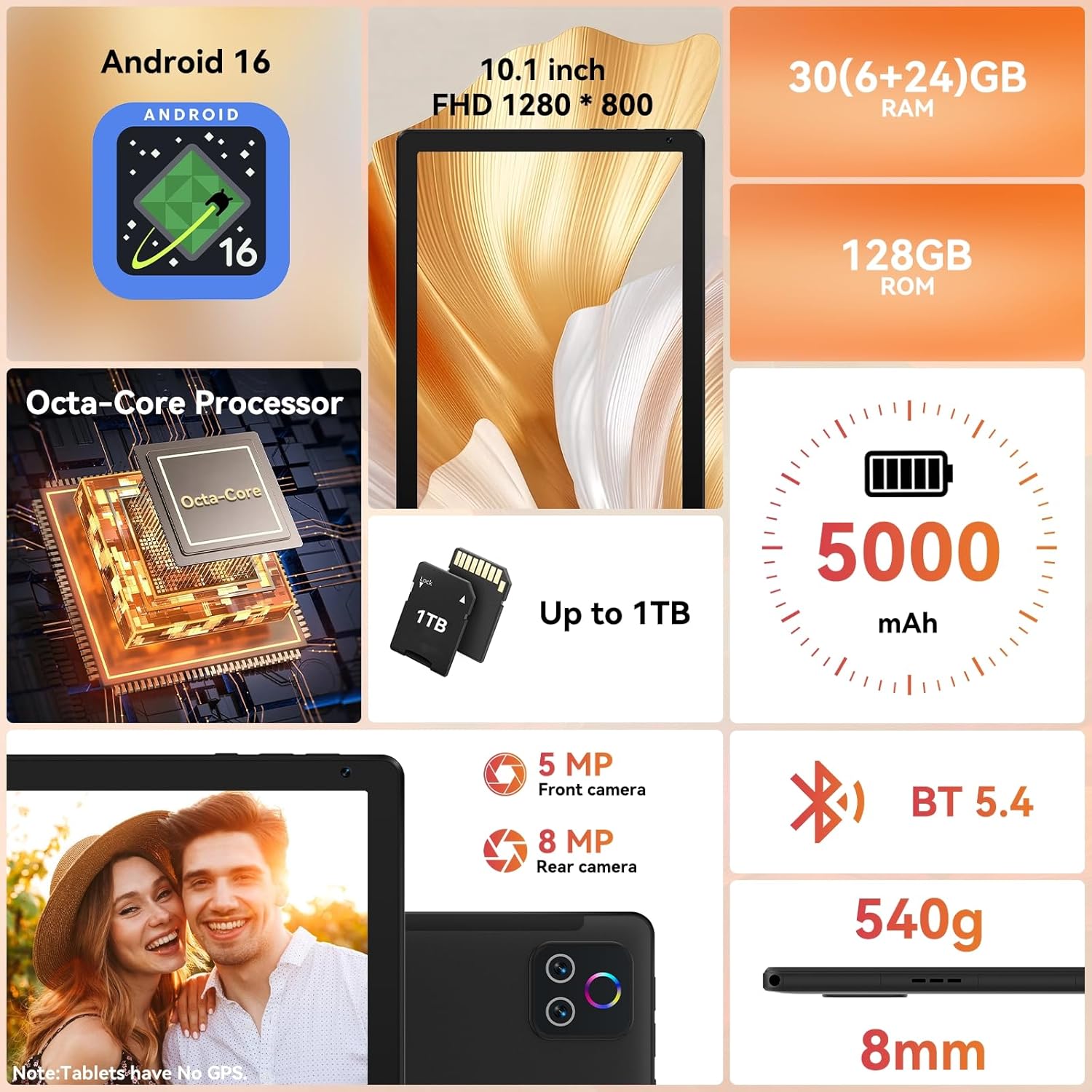Tablet,10.1" Android Tablet with Octa-core Processor 30GB RAM 128GB ROM HD IPS Touchscreen 8H Battery, Wi-Fi 6, BT 5.4, Dual Camera, Android 16 Tablets 2026