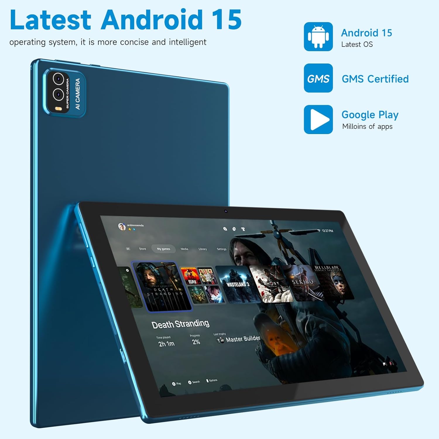 Android 15 Tablet, 10 Inch 18GB RAM+128GB ROM/ 2TB Expandable Tablet, 2.0GHz Quad-core Processor, 1280x800 HD Touchscreen, 5G WiFi6 BT 5.0, 2 in 1 Tablets with Keyboard Case Mouse Stylus, Navy