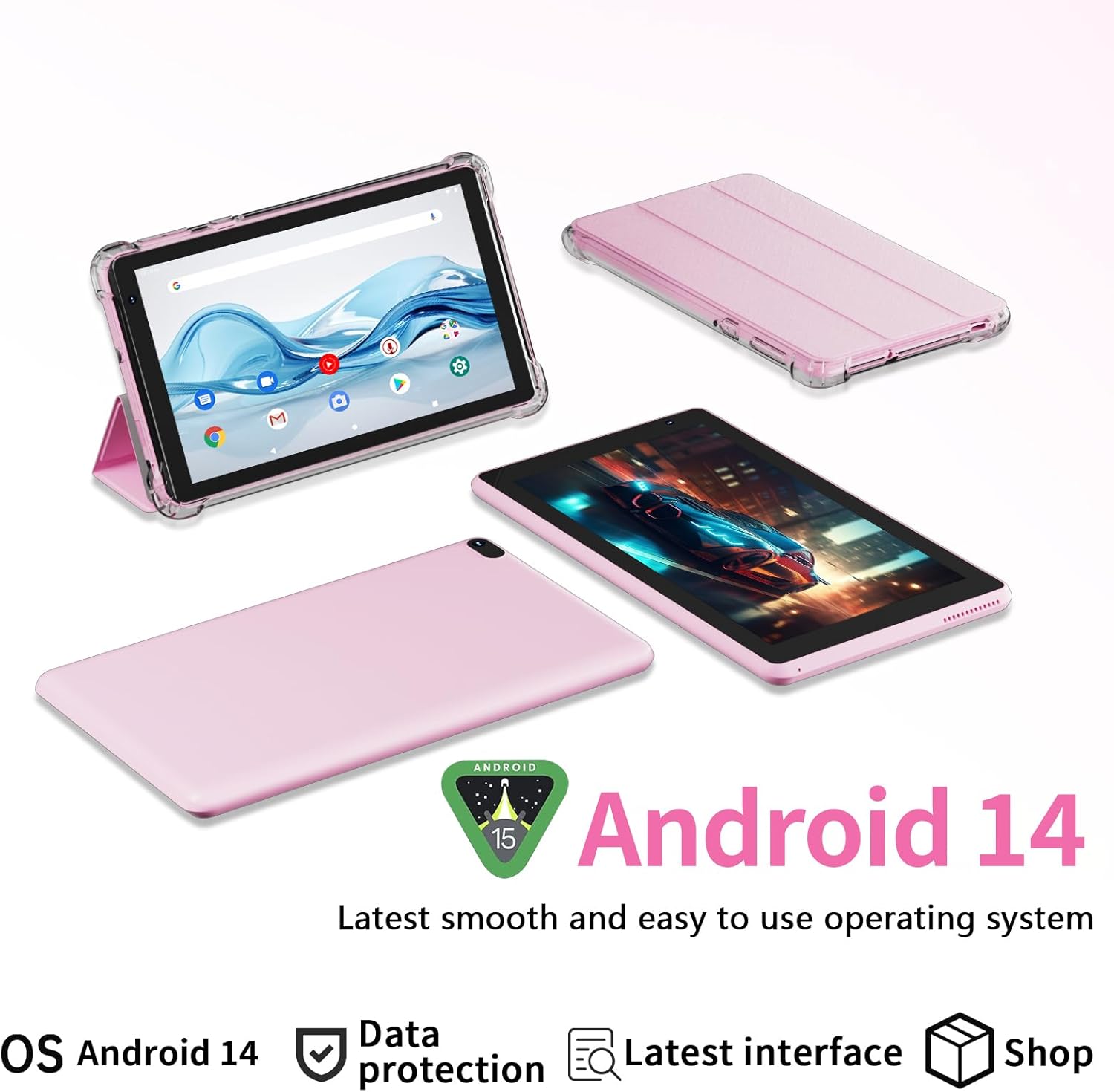 Android 14 Tablet with Case, 7 Inch 8GB RAM+32GB ROM/ 1TB Expandable Computer, 5MP Camera Tablets, 1.6Ghz Quad-core Processor, 3000mAH Battery Tablet PC, 5G WiFi, Games 7'' Android Laptop Pink