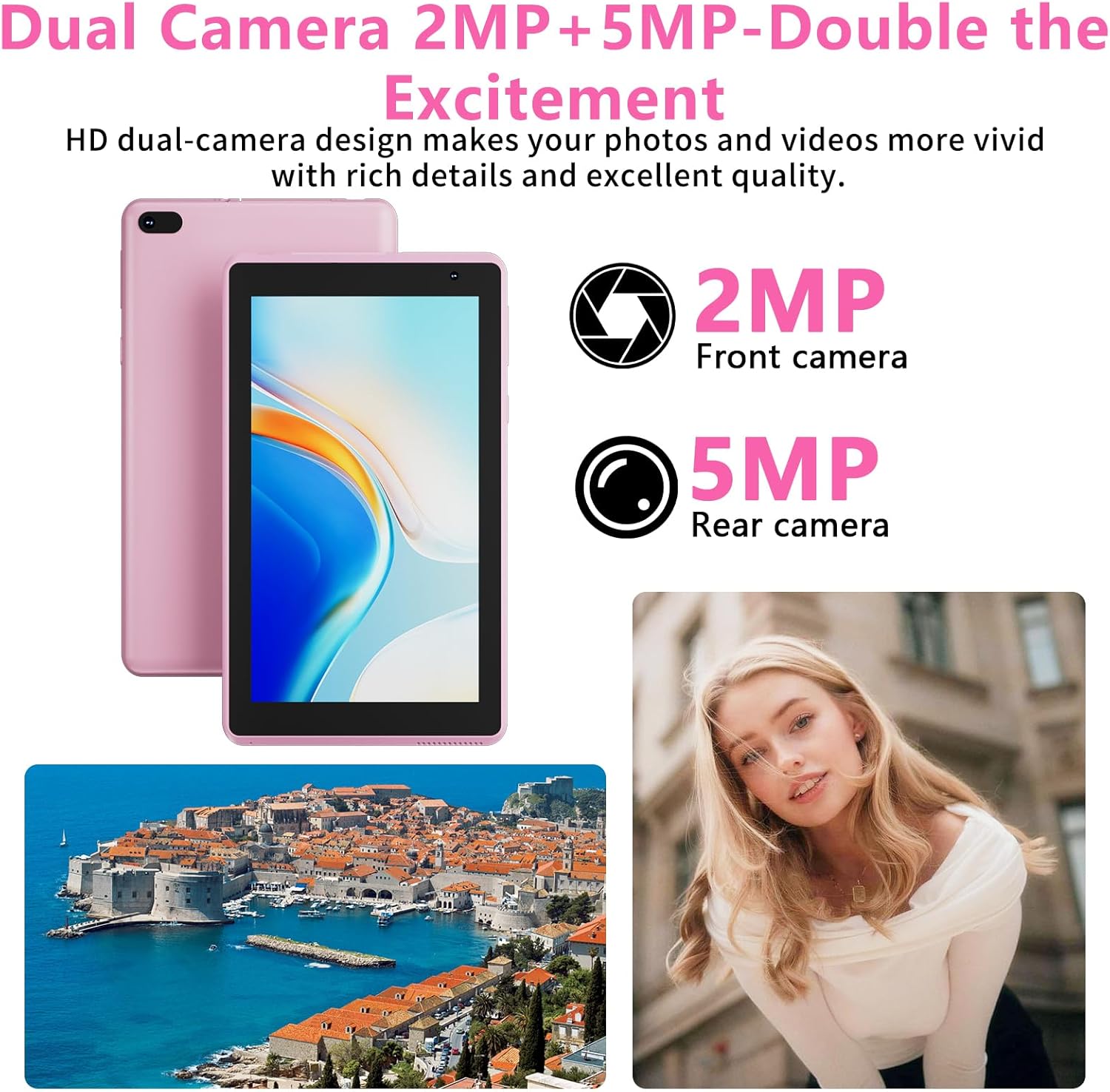 Android 14 Tablet with Case, 7 Inch 8GB RAM+32GB ROM/ 1TB Expandable Computer, 5MP Camera Tablets, 1.6Ghz Quad-core Processor, 3000mAH Battery Tablet PC, 5G WiFi, Games 7'' Android Laptop Pink