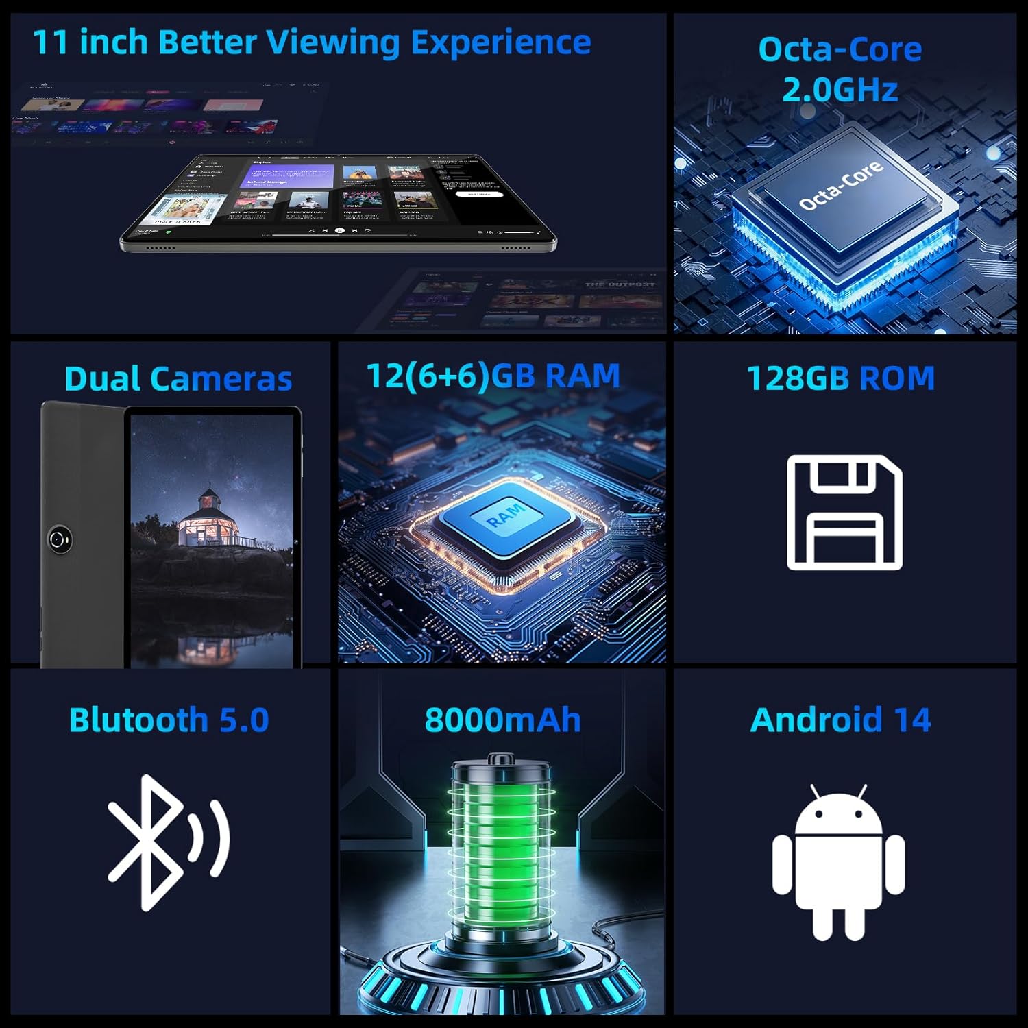 2026 Android 16 Tablet 11inch, Face Unlock, 18W Fast Charging, 32GB+128GB+1TB Expand, Octa-core CPU, 8000mAh Large Battery, WiFi6, Touchscreen Display, Widevine L1 Tableta, Black