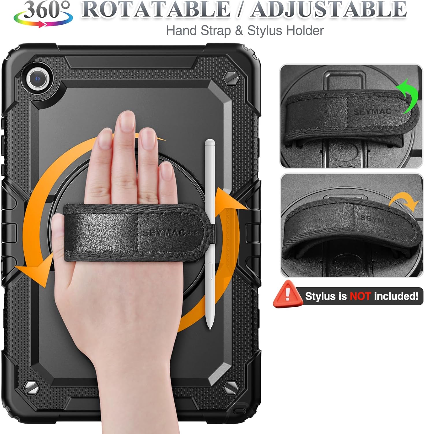 SEYMAC stock Case for Samsung Galaxy Tab A11+ Plus/A9+ Plus 11'', Full-Body Drop Protection Case with Screen Protector Pencil Holder [360° Rotating Hand Strap] &Stand, Black