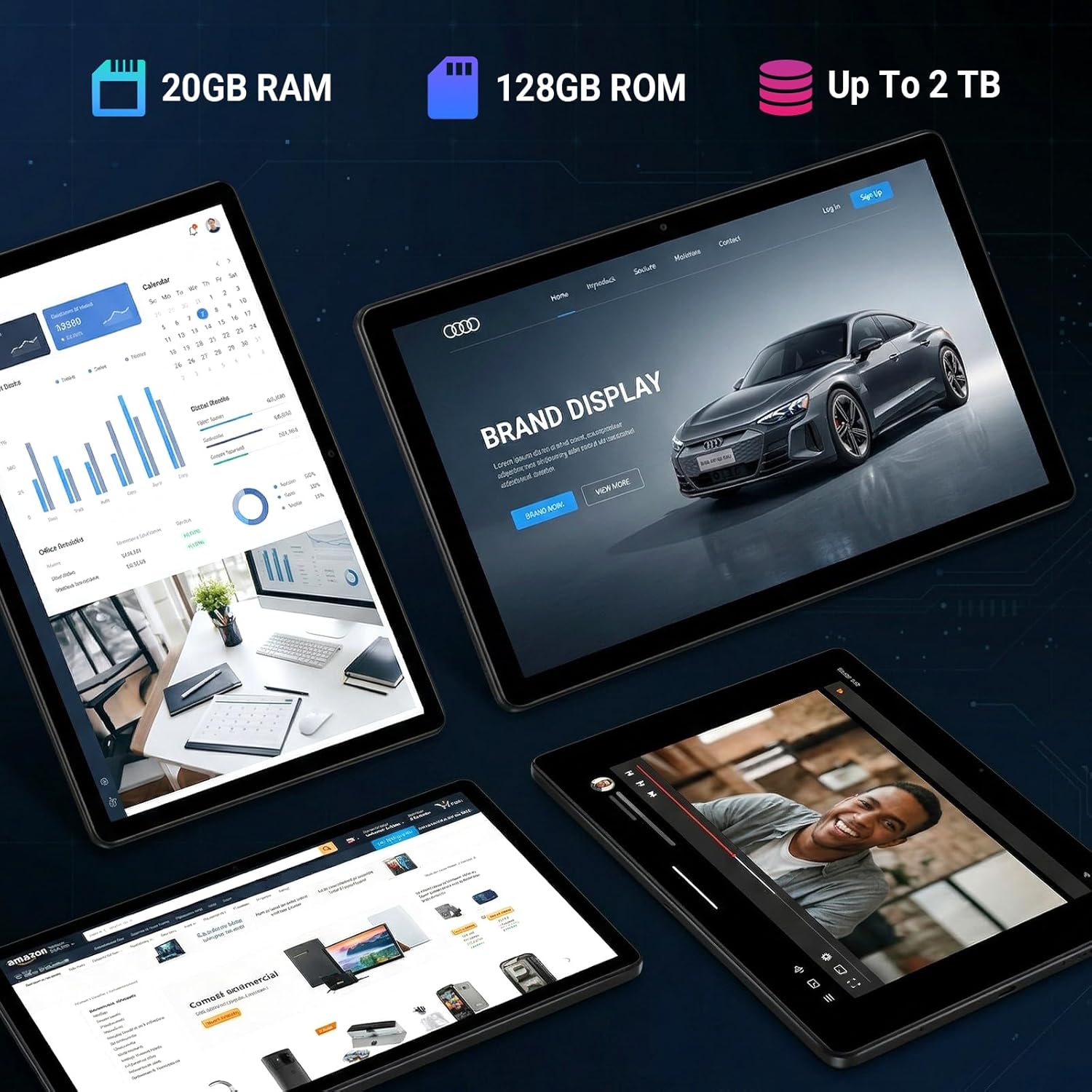 Gleeso Tablet, Android Tablet 10 Inch, 20GB+128GB+2TB, Android 15 Tablet with Octa-core, IPS HD Display, 5000mAh Battery, Fast Charging, Face ID, Dual Camera, Slim, Black