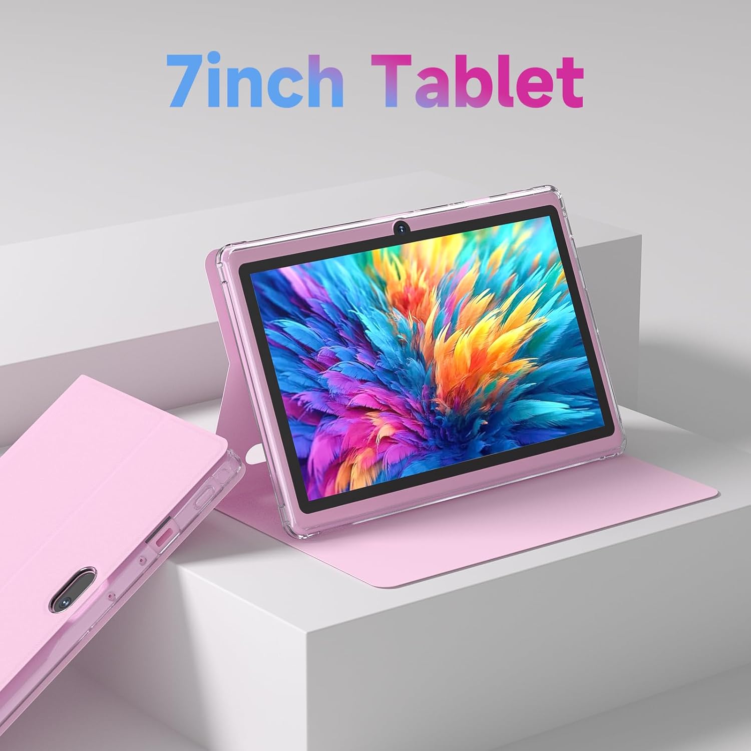 Tablet 7Inch Android 14.0 with Protective Case, 8GB(3+5GB Expand) RAM+ 32GB ROM, IPS Screen, Dual Camera, Bluetooth 5.0 WiFi Tab (Pink)