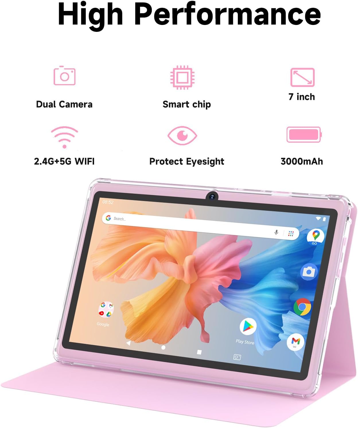 Tablet 7Inch Android 14.0 with Protective Case, 8GB(3+5GB Expand) RAM+ 32GB ROM, IPS Screen, Dual Camera, Bluetooth 5.0 WiFi Tab (Pink)