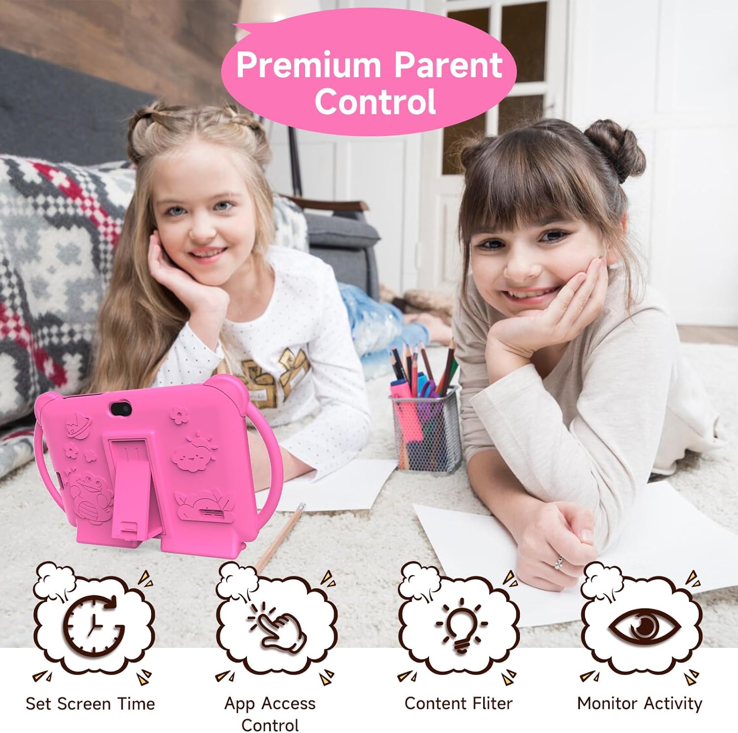 Kids Tablet 7 inch Android 12.0 for Toddler, 4GB RAM 32GB ROM Bluetooth IPS Screen Parental Control Dual Camera Shockproof Case for Educational Games, (Pink)