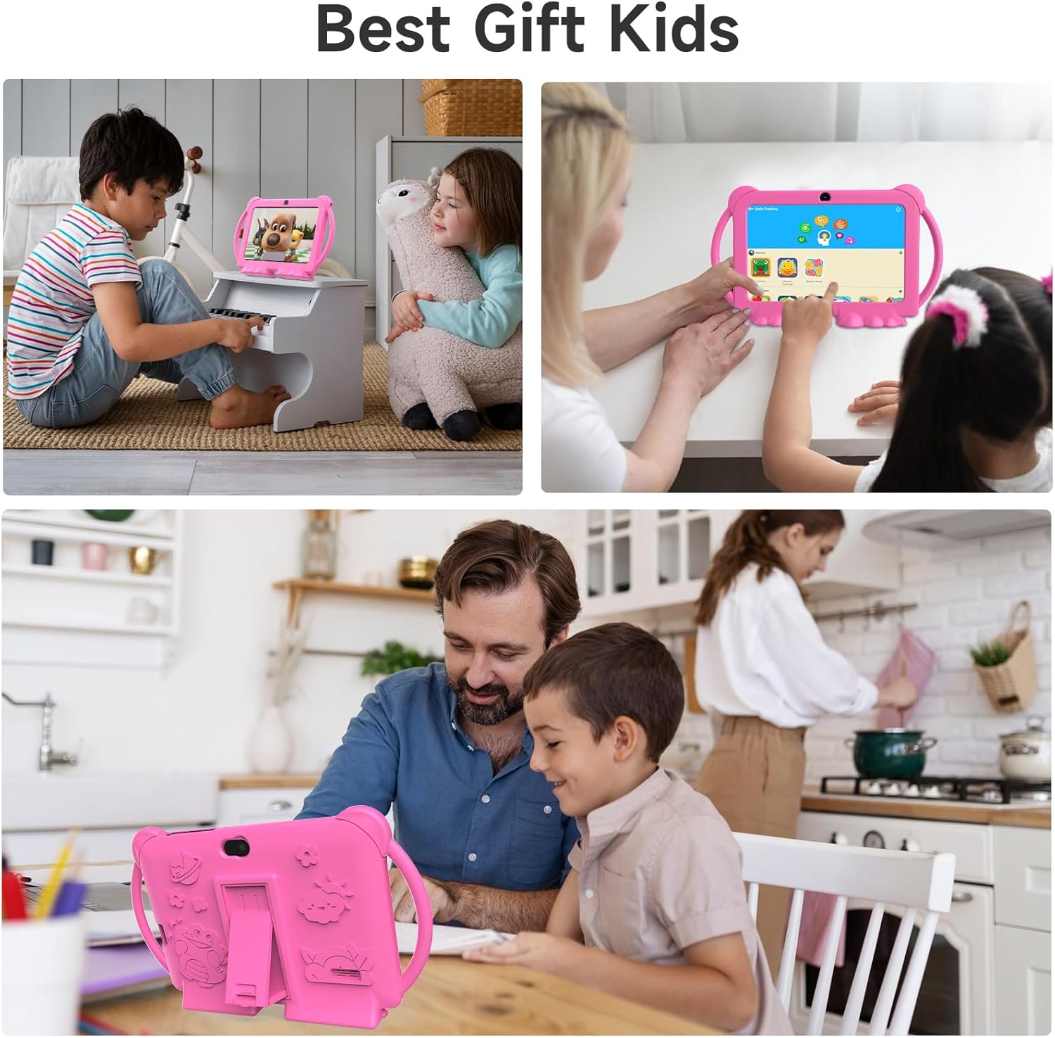 Kids Tablet 7 inch Android 12.0 for Toddler, 4GB RAM 32GB ROM Bluetooth IPS Screen Parental Control Dual Camera Shockproof Case for Educational Games, (Pink)