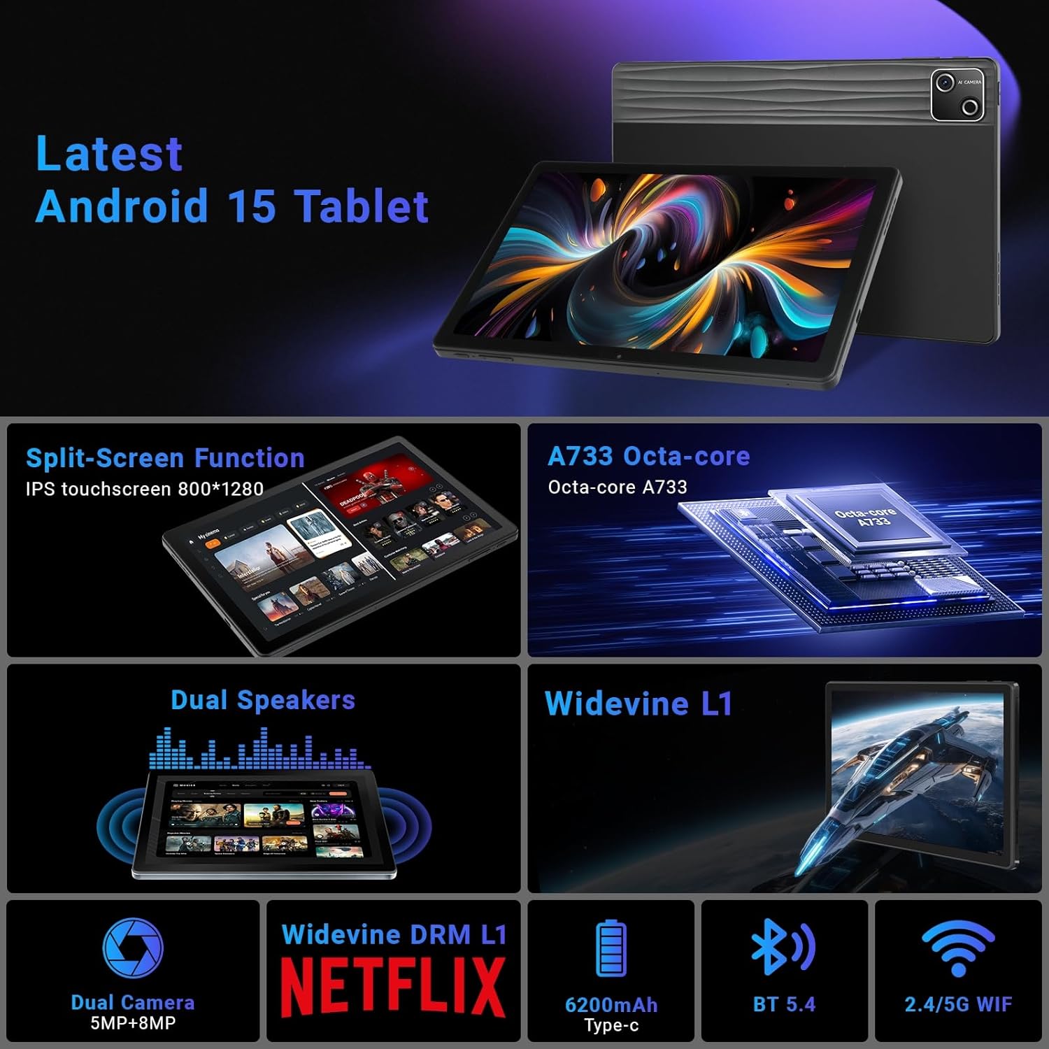 Tablet, 10 inch tablet Android 15 with Octa-core Processor, 30GB+128GB+2TB Expand, 6200mAh, 15W Fast Charge, 1280x800 HD IPS Screen, WiFi 6, BT 5.4, Dual Camera, Widevine L1 support, GMS Certified