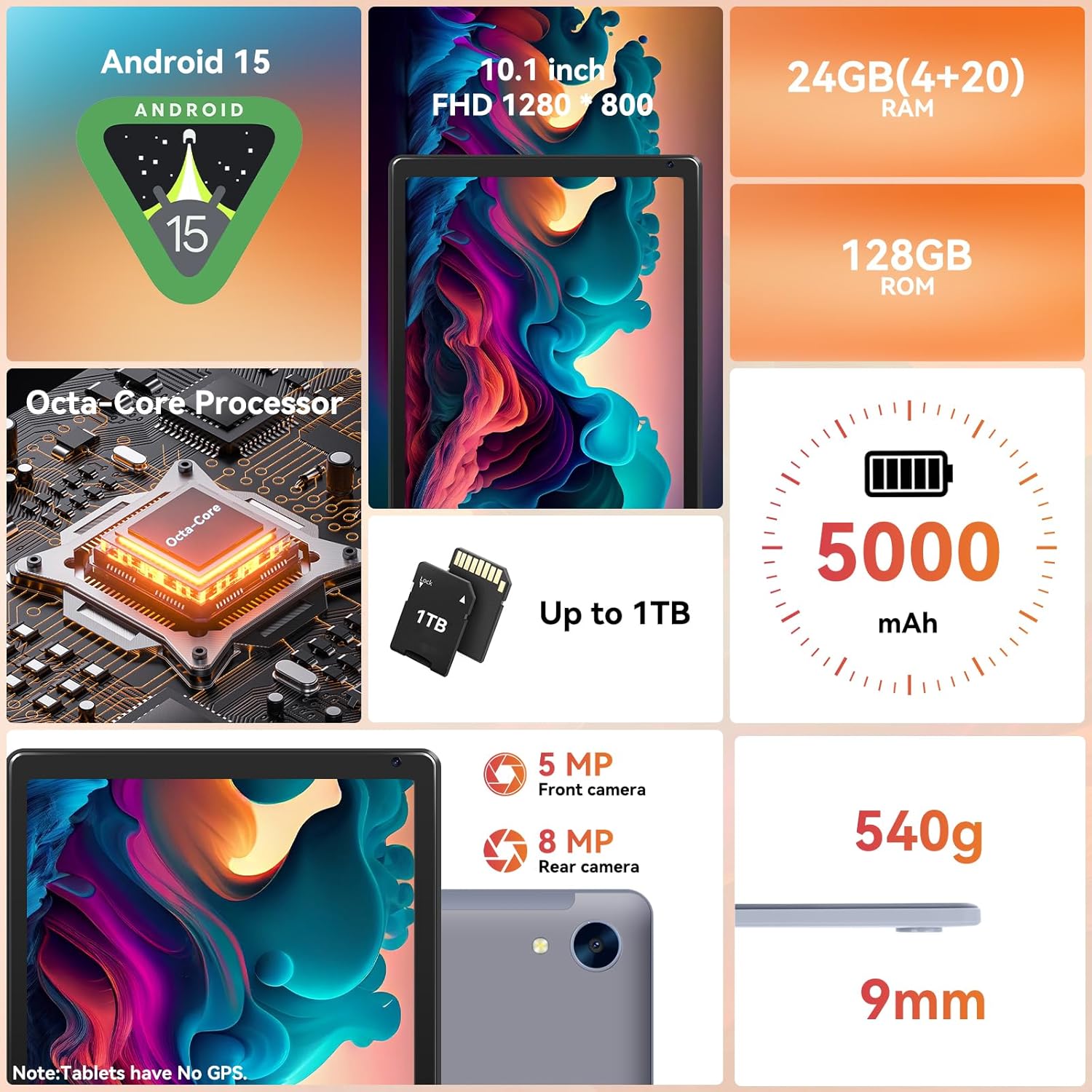 Tablet,10.1" Android 15 Tablet with Octa-core Processor 24GB RAM 128GB ROM HD IPS Touchscreen 8H Battery, Wi-Fi 6, BT 5.0, Dual Camera, Android Tablets