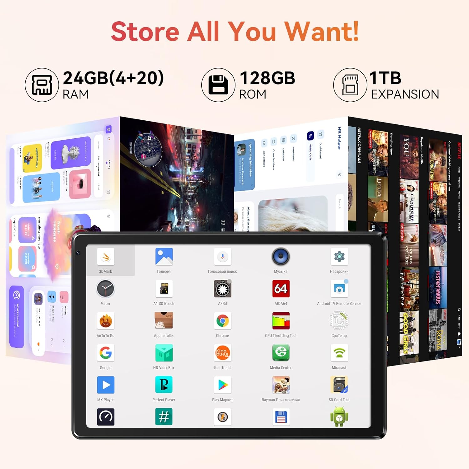 Tablet,10.1" Android 15 Tablet with Octa-core Processor 24GB RAM 128GB ROM HD IPS Touchscreen 8H Battery, Wi-Fi 6, BT 5.0, Dual Camera, Android Tablets