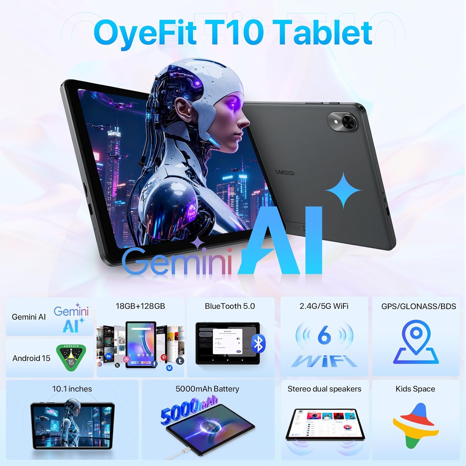 Tablet The World's First Android 15 with Gemini AI,10.1 Inch 18GB RAM 128GB ROM 2TB TF, Speed Up to 2.0 GHZ,Widevine L1,5000mAh,FM Radio,WiFi6, GPS,Bluetooth,Travel Gift,Kids Space,YT Kids