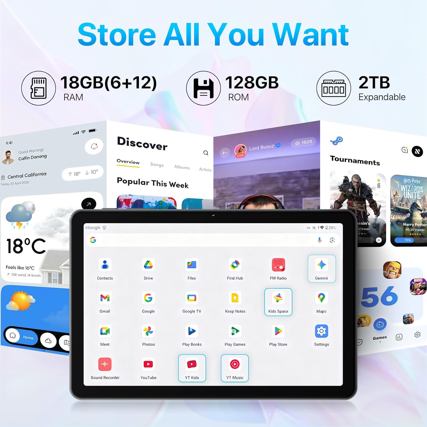 Tablet The World's First Android 15 with Gemini AI,10.1 Inch 18GB RAM 128GB ROM 2TB TF, Speed Up to 2.0 GHZ,Widevine L1,5000mAh,FM Radio,WiFi6, GPS,Bluetooth,Travel Gift,Kids Space,YT Kids