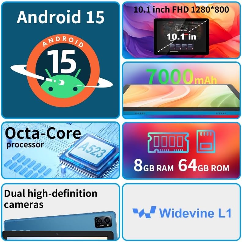 10 inch Android Tablet: Octa-Core, 7000mAh, with Stand Case, IPS HD Display, Wi-Fi 6, OTG, Metal Body – Fast & Portable Tablet for Work & Entertainment, 2-Year Protection, 8GB RAM 64GB, Android 15